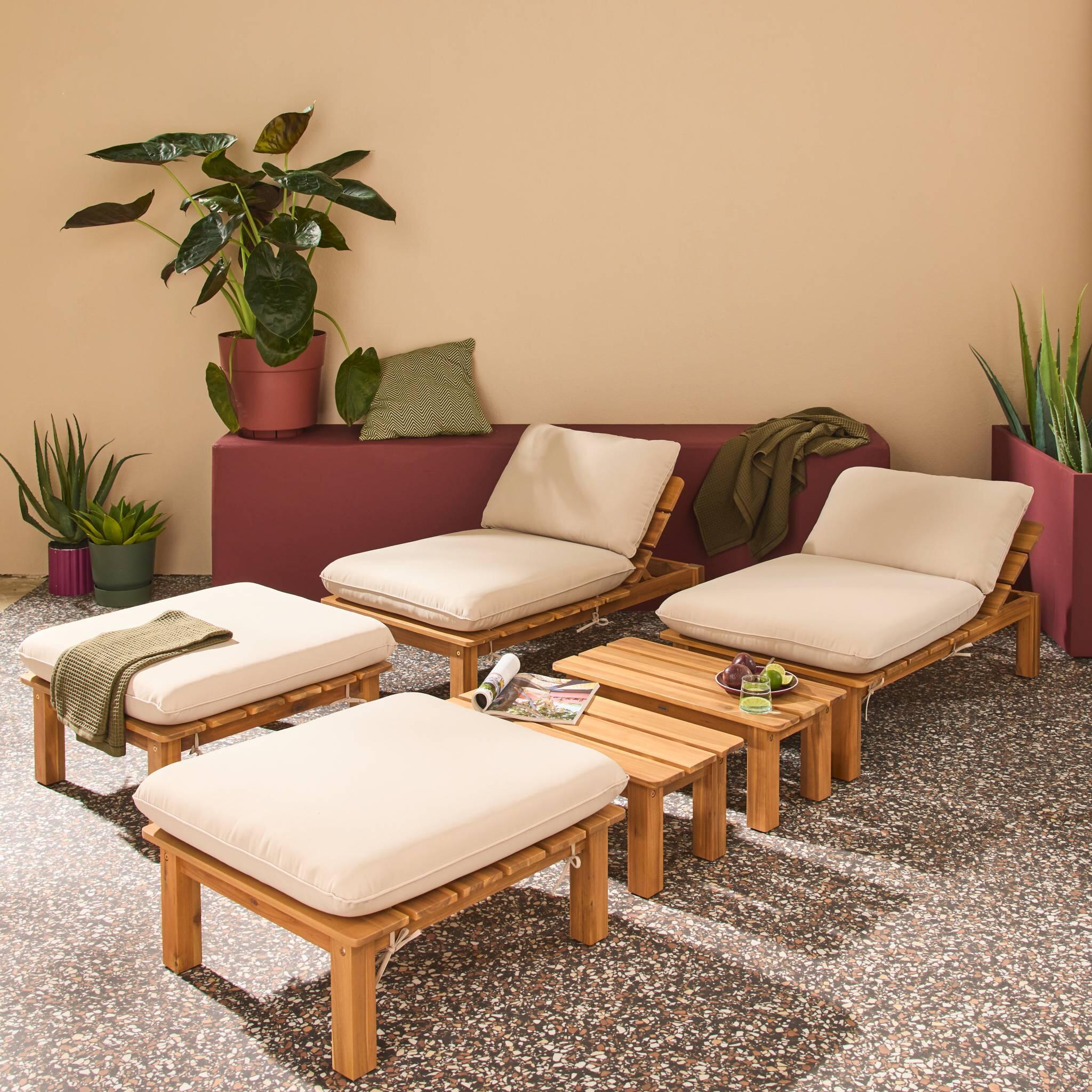 Conjunto de  tumbonas modular de madera de acacia multiposición con mesas, set 5/5