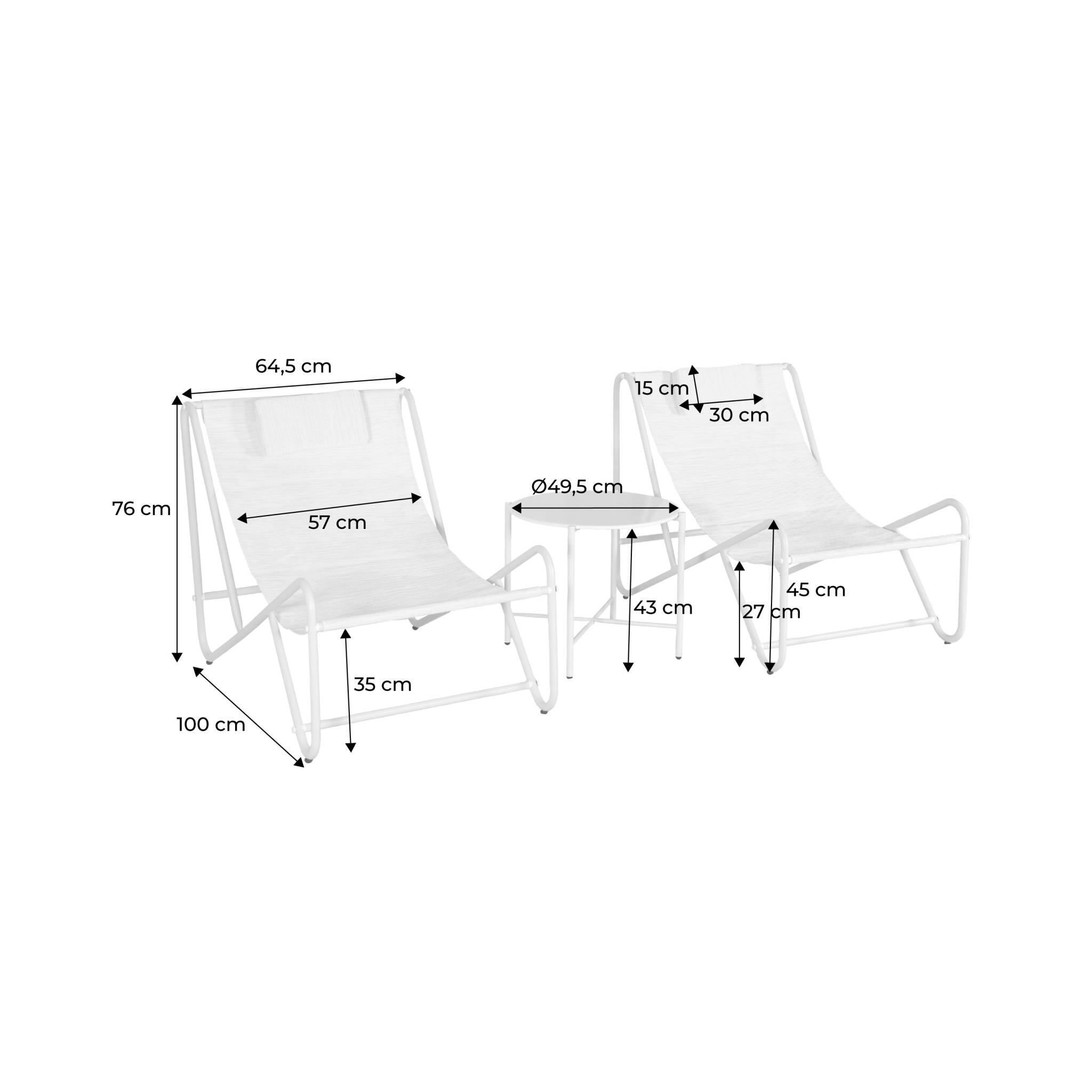 Conjunto de 2 poltronas reclináveis com mesa redonda em aço, Bege 4/5