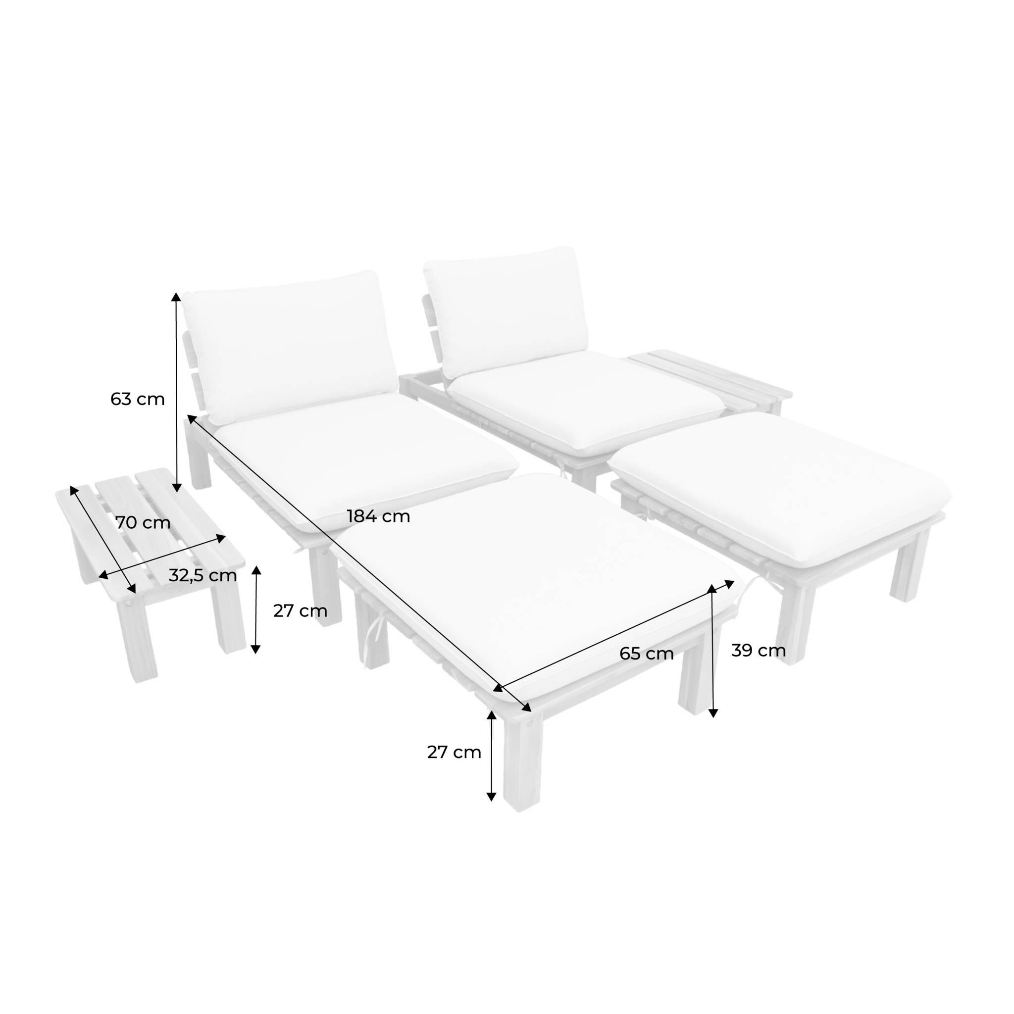 Conjunto de  tumbonas modular de madera de acacia multiposición con mesas, set 4/5