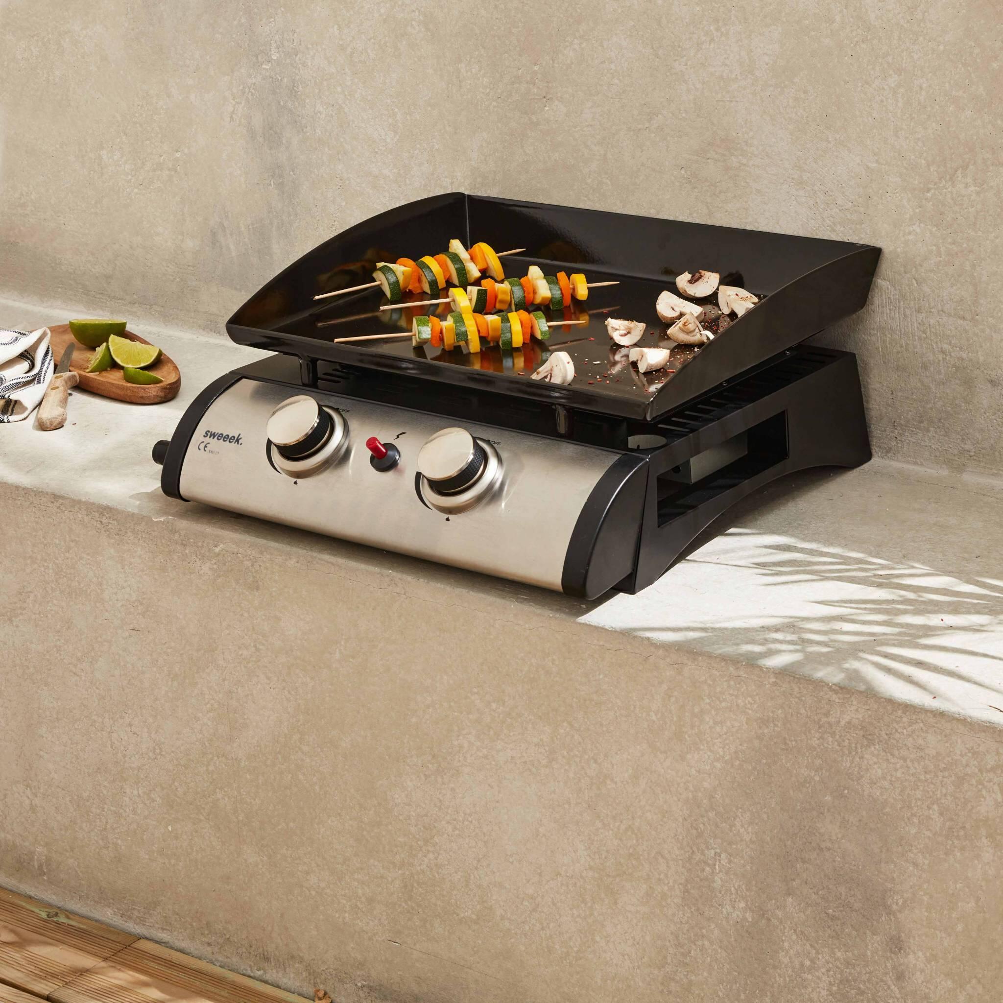 Plancha de gas con 2 quemadores de acero inoxidable, 5kW, Negro 2/5