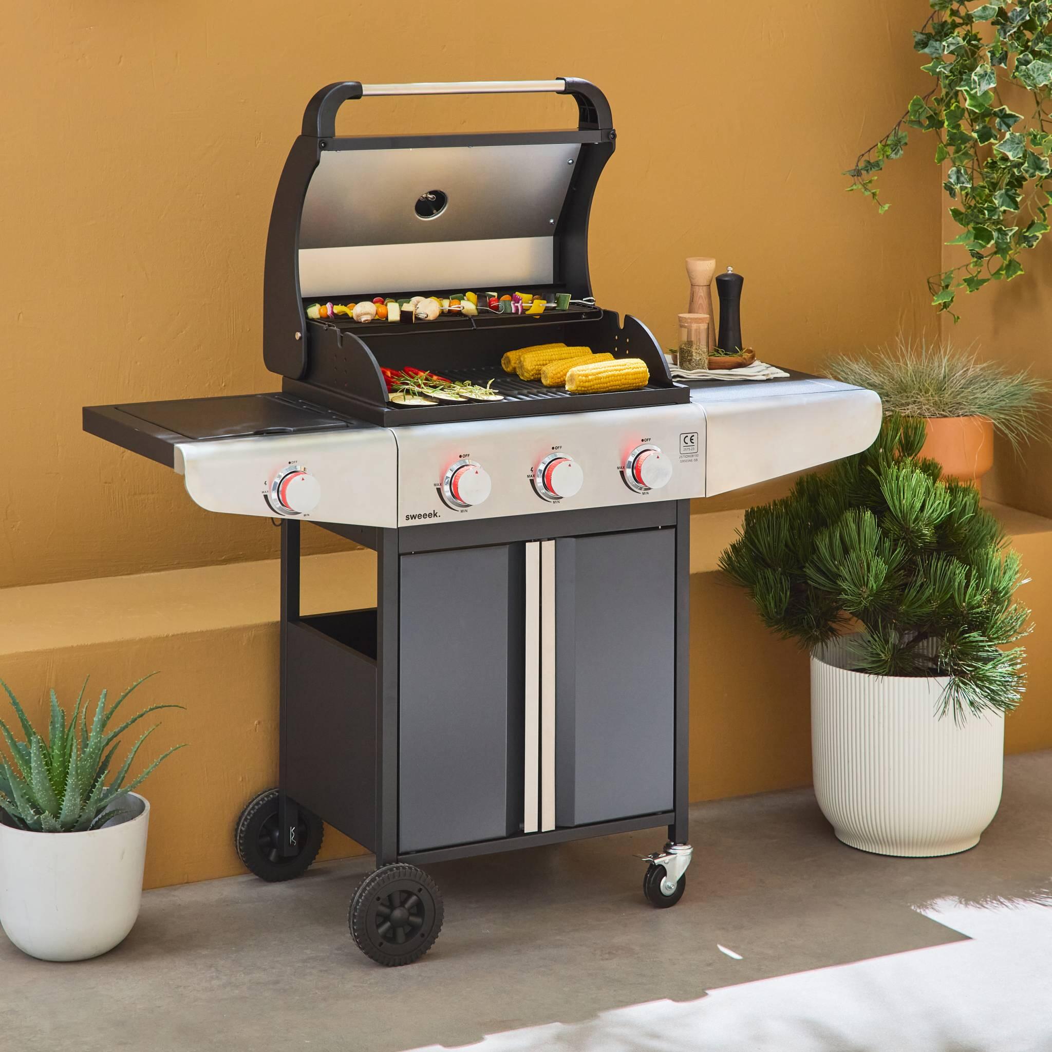 Barbacoa de gas con 3 quemadores con 1 quemador lateral, Negro 3/5