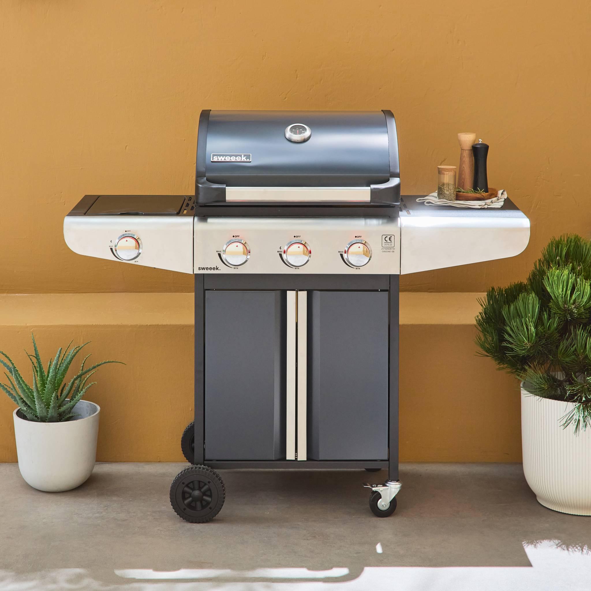 Barbacoa de gas con 3 quemadores con 1 quemador lateral, Negro 2/5