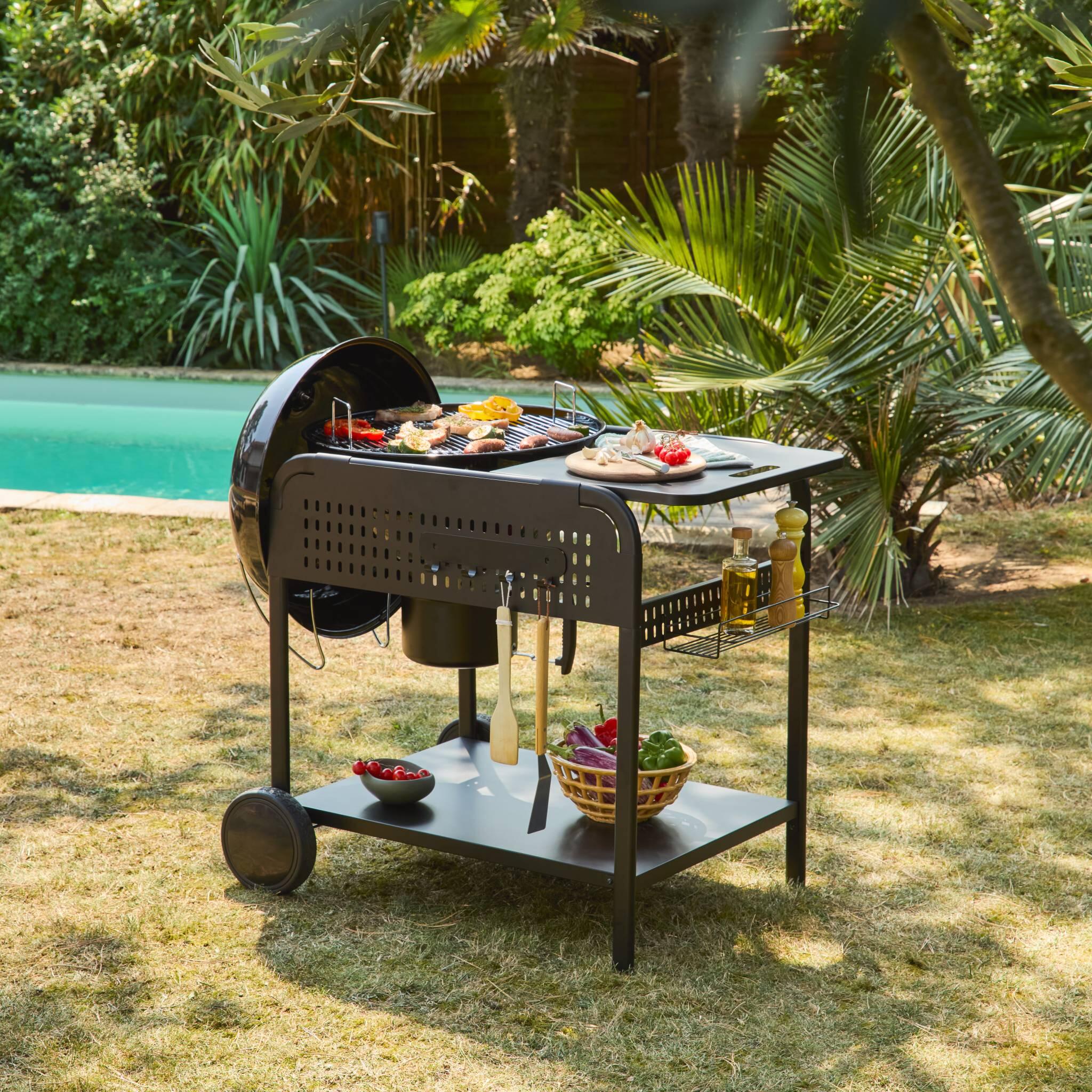 Barbacoa redonda de carbón de acero esmaltado con carrito, Ø53cm , Negro 2/5