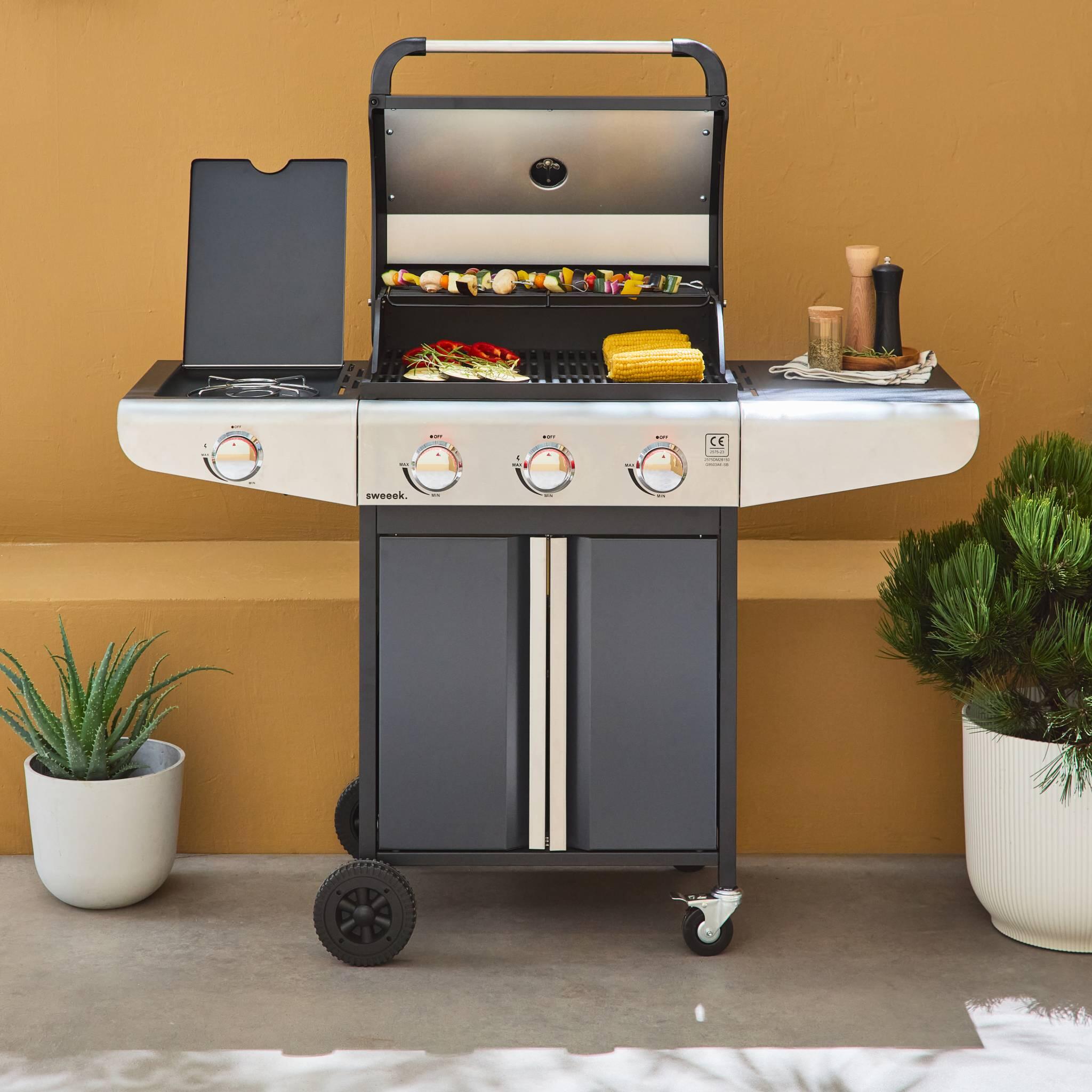 Barbacoa de gas con 3 quemadores con 1 quemador lateral, Negro 5/5