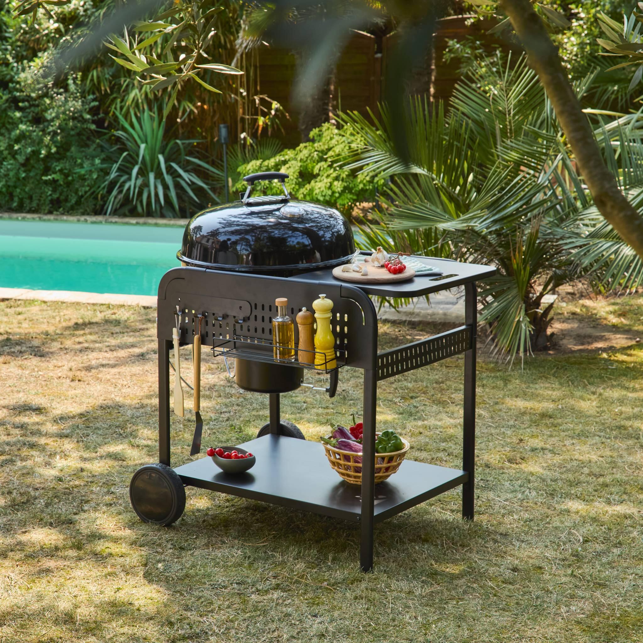 Barbacoa redonda de carbón de acero esmaltado con carrito, Ø53cm , Negro 4/5