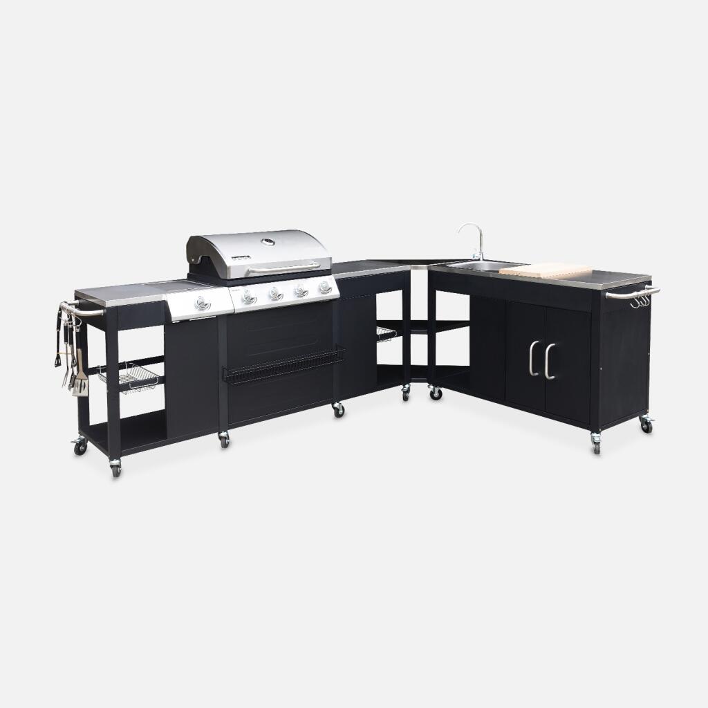 Cocina exterior de acero con barbacoa de gas americana de 5 quemadores, Negro 1/5