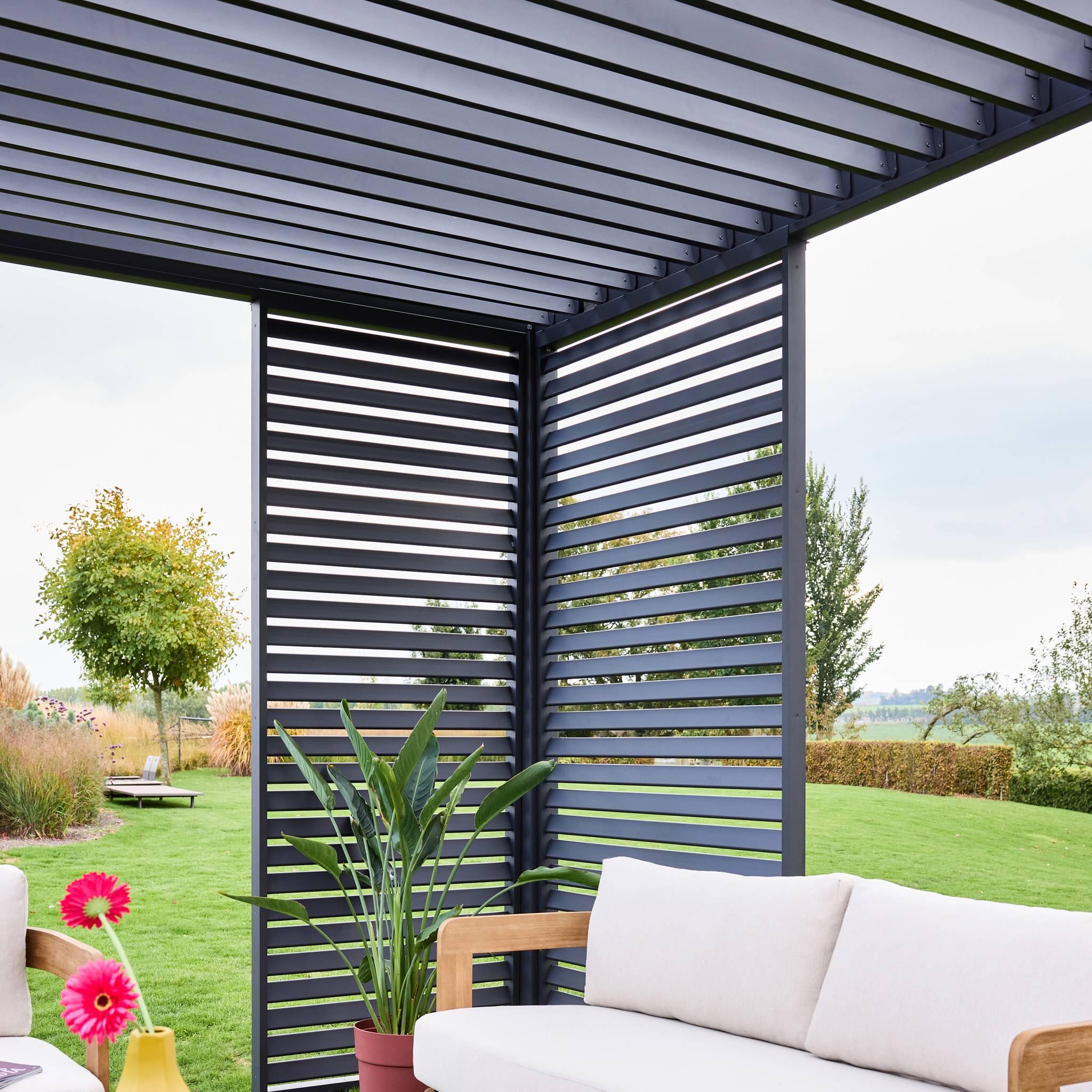 Pérgola bioclimática de aluminio 3x4m + 1 persiana 1m+ 1 persiana 1.3m, 3/5