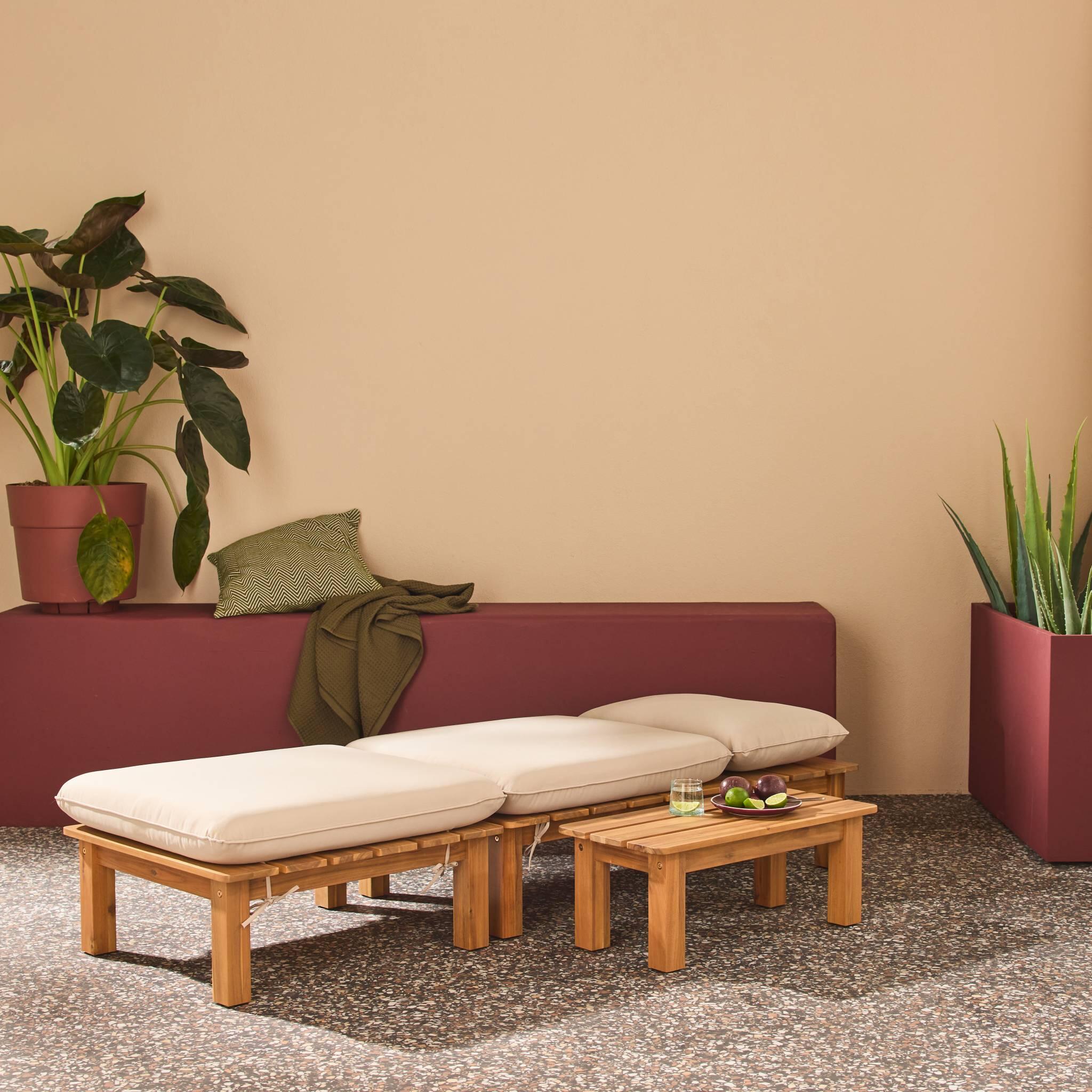 Conjunto tumbona modular de madera de acacia con múltiples posiciones y mesa, 3/5