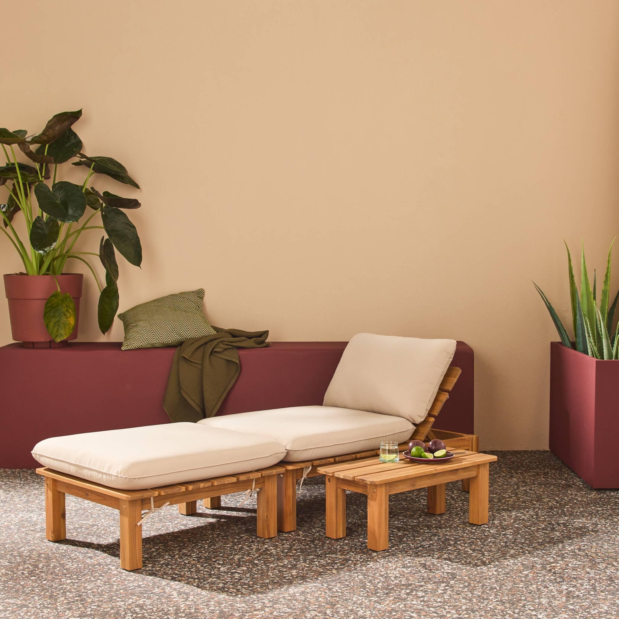 Conjunto tumbona modular de madera de acacia con múltiples posiciones y mesa, 2/5