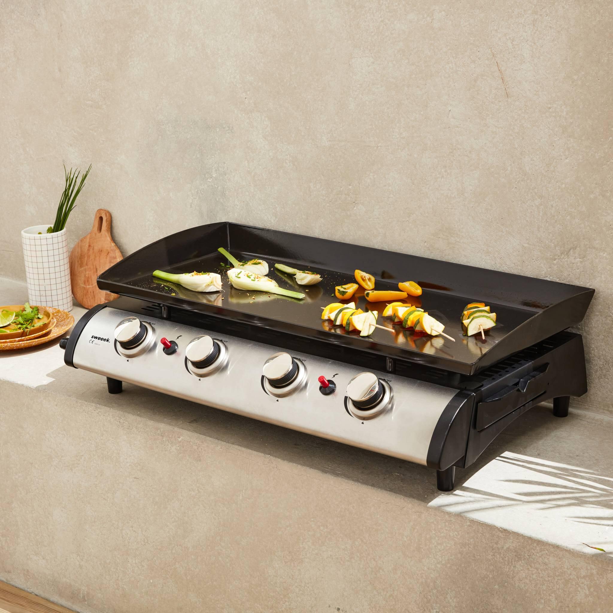 Plancha de gas 4 quemadores de acero inoxidable con utensilios, 10kW, Negro 2/5
