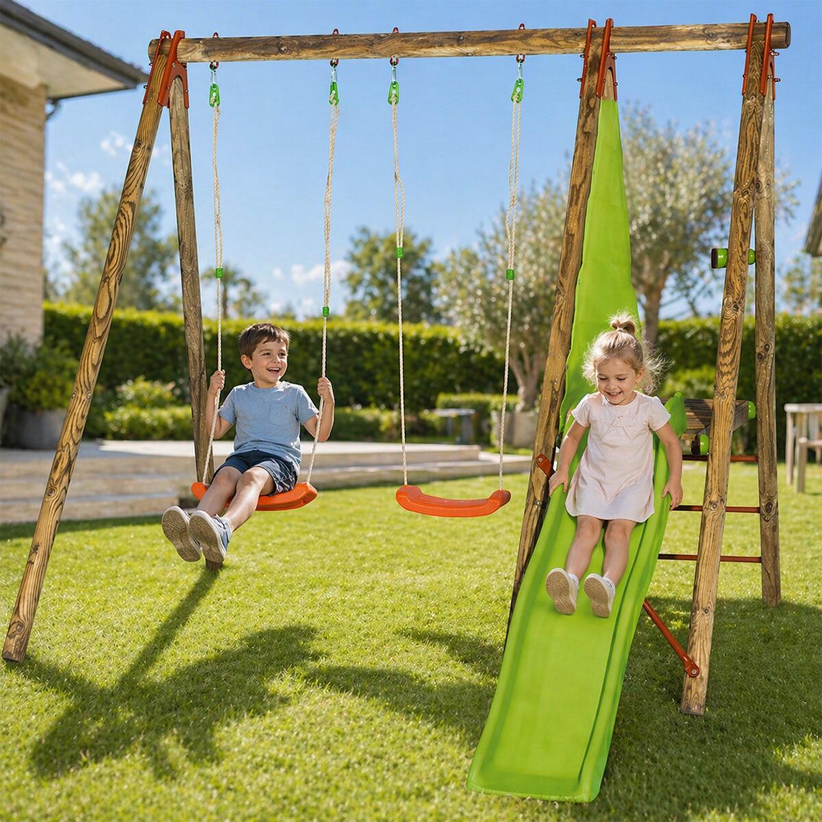 Portique bois avec 2 balançoires + 1 plateforme avec toboggan 3/7