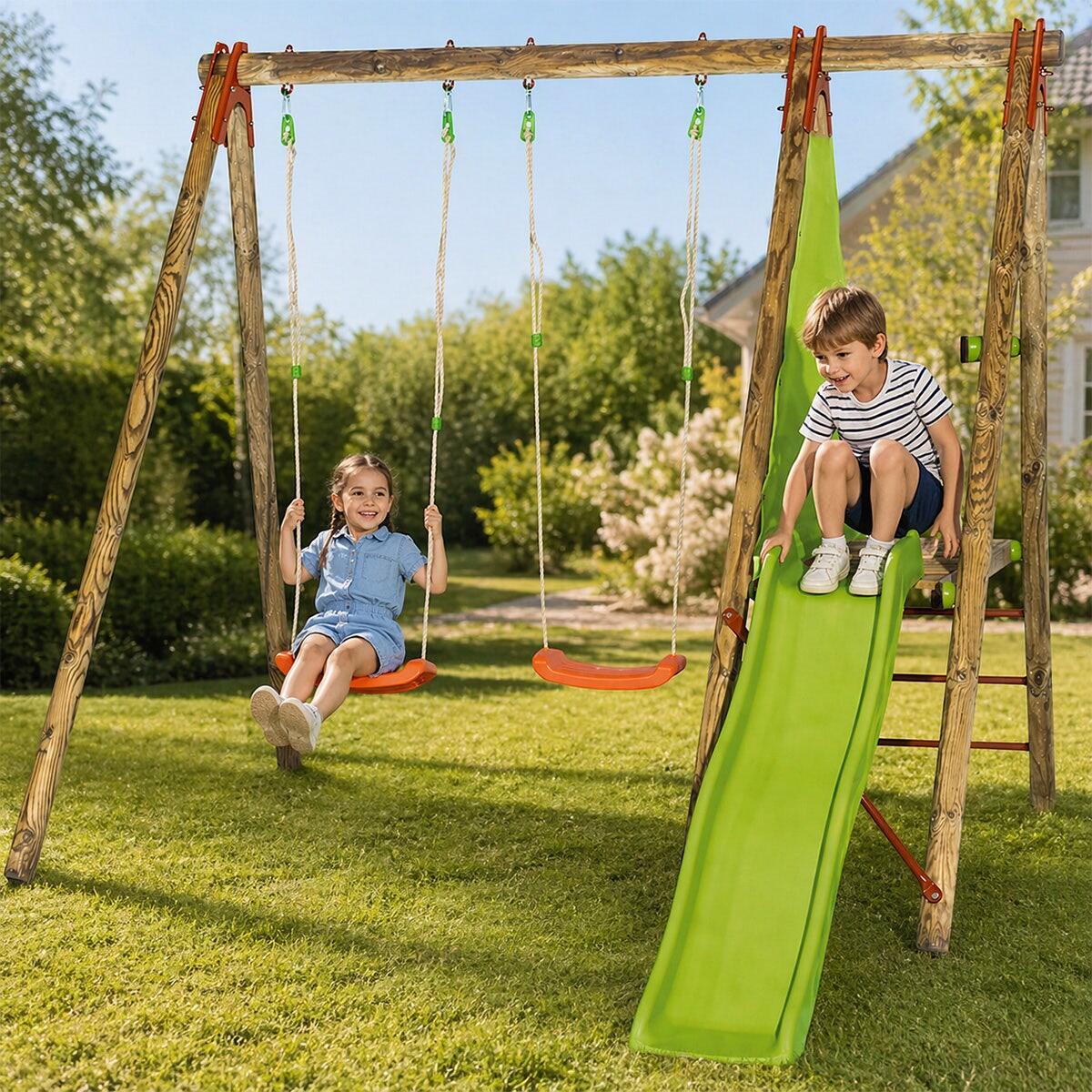 Portique bois avec 2 balançoires + 1 plateforme avec toboggan 2/7