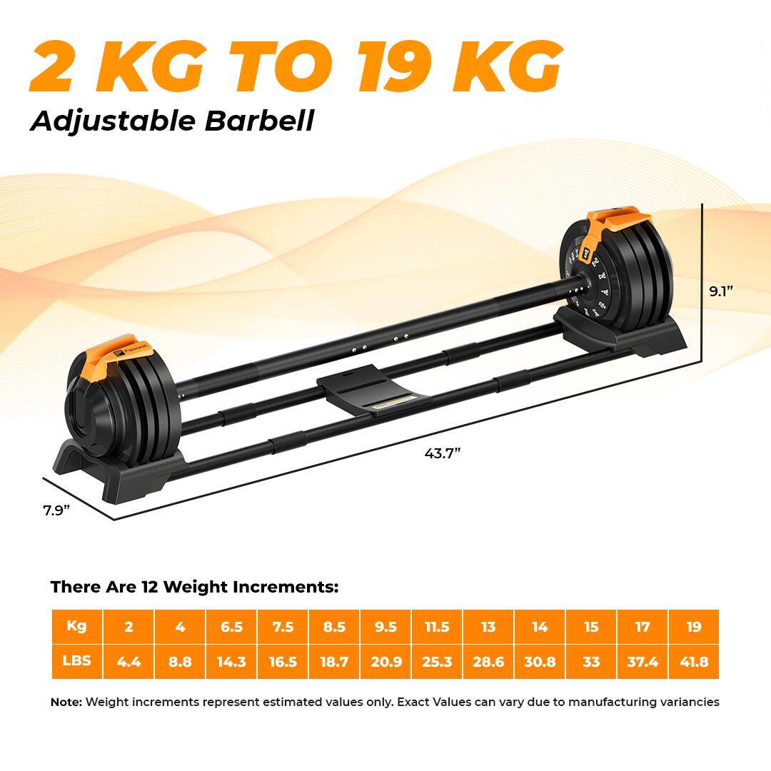 Flexnest 2kgs-19kgs Adjustable Barbell Weightlifting Bar with 4 Pairs Free Weight Plates -  3