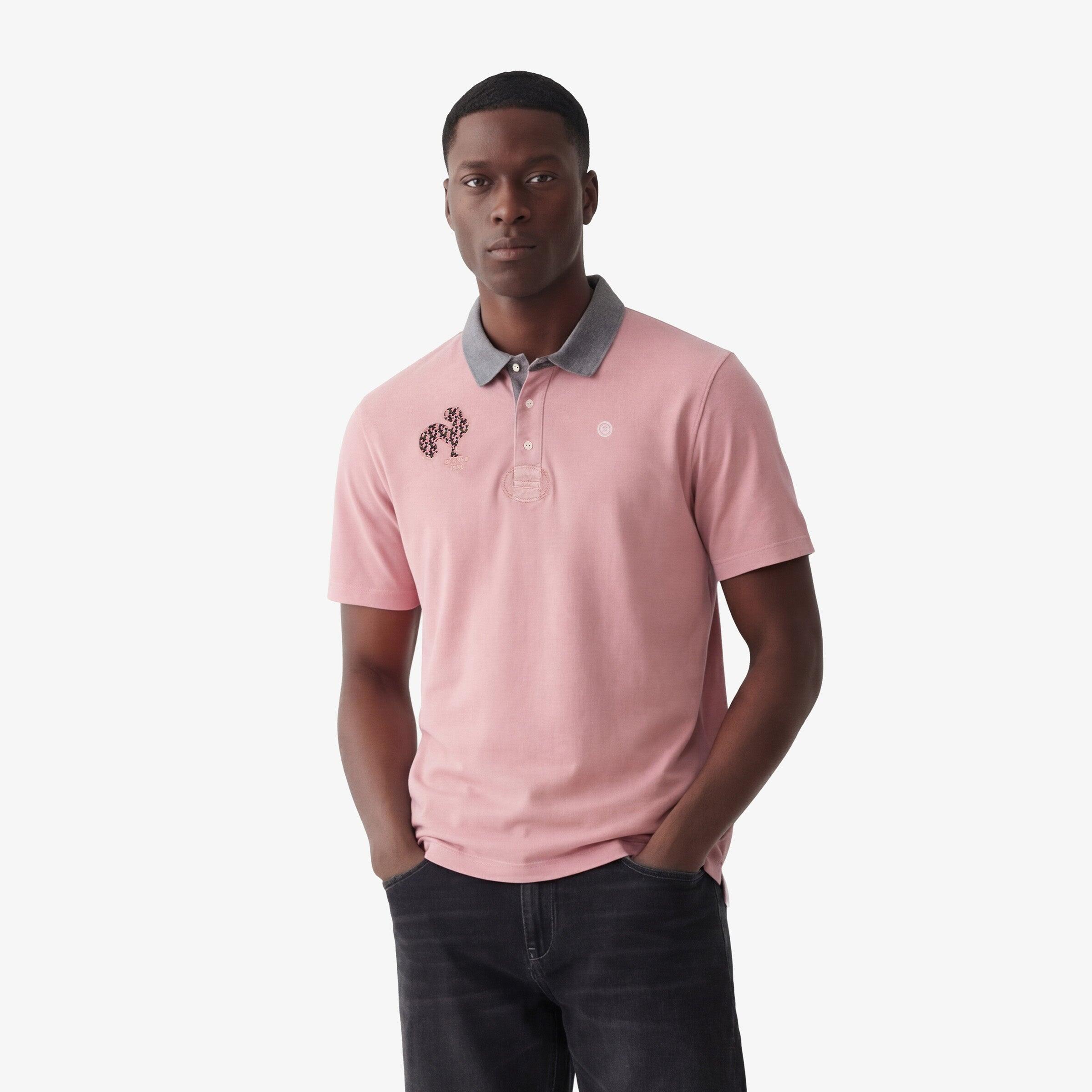 Polo de manga curta em jersey de algodão com bordado de galo rosa 2/5