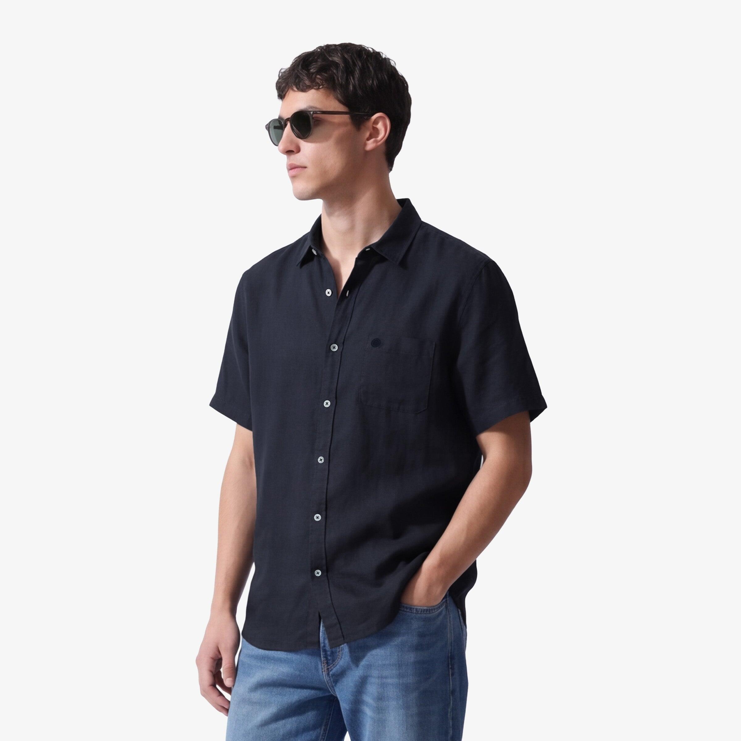 Camicia a maniche corte in lino blu navy tinta unita 2/5