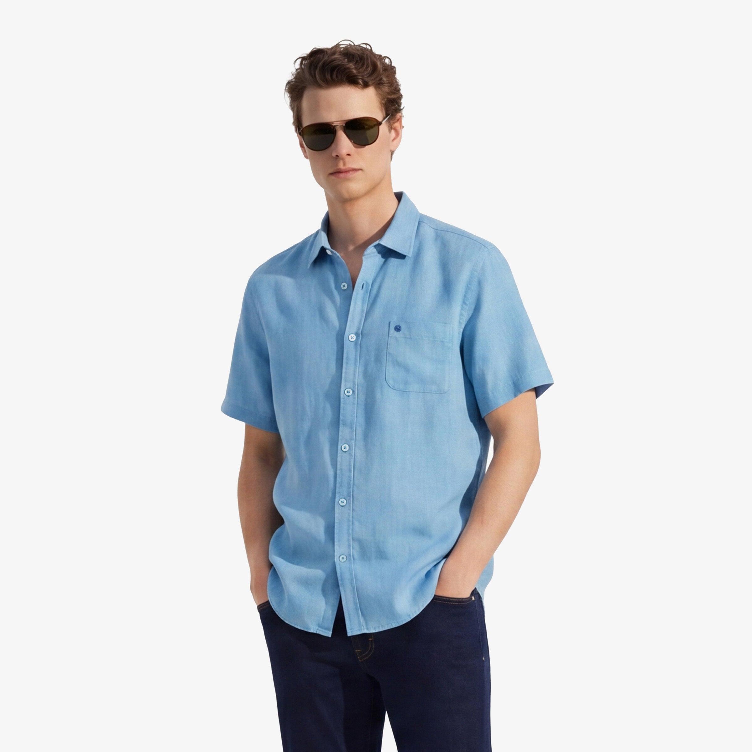 Camicia a maniche corte in lino blu oceano 2/5