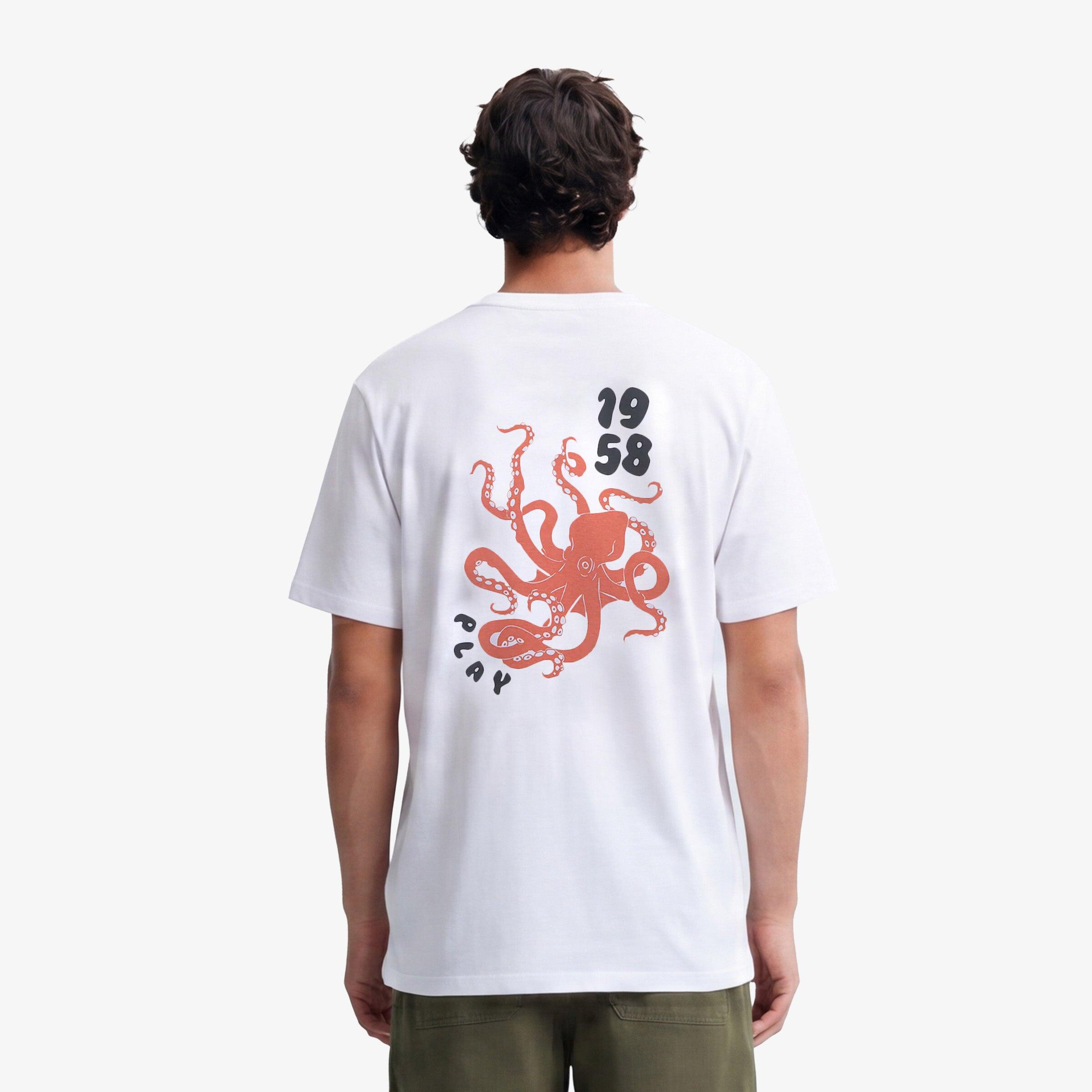 T-shirt girocollo bianca in cotone con stampa polpo sul retro 2/6