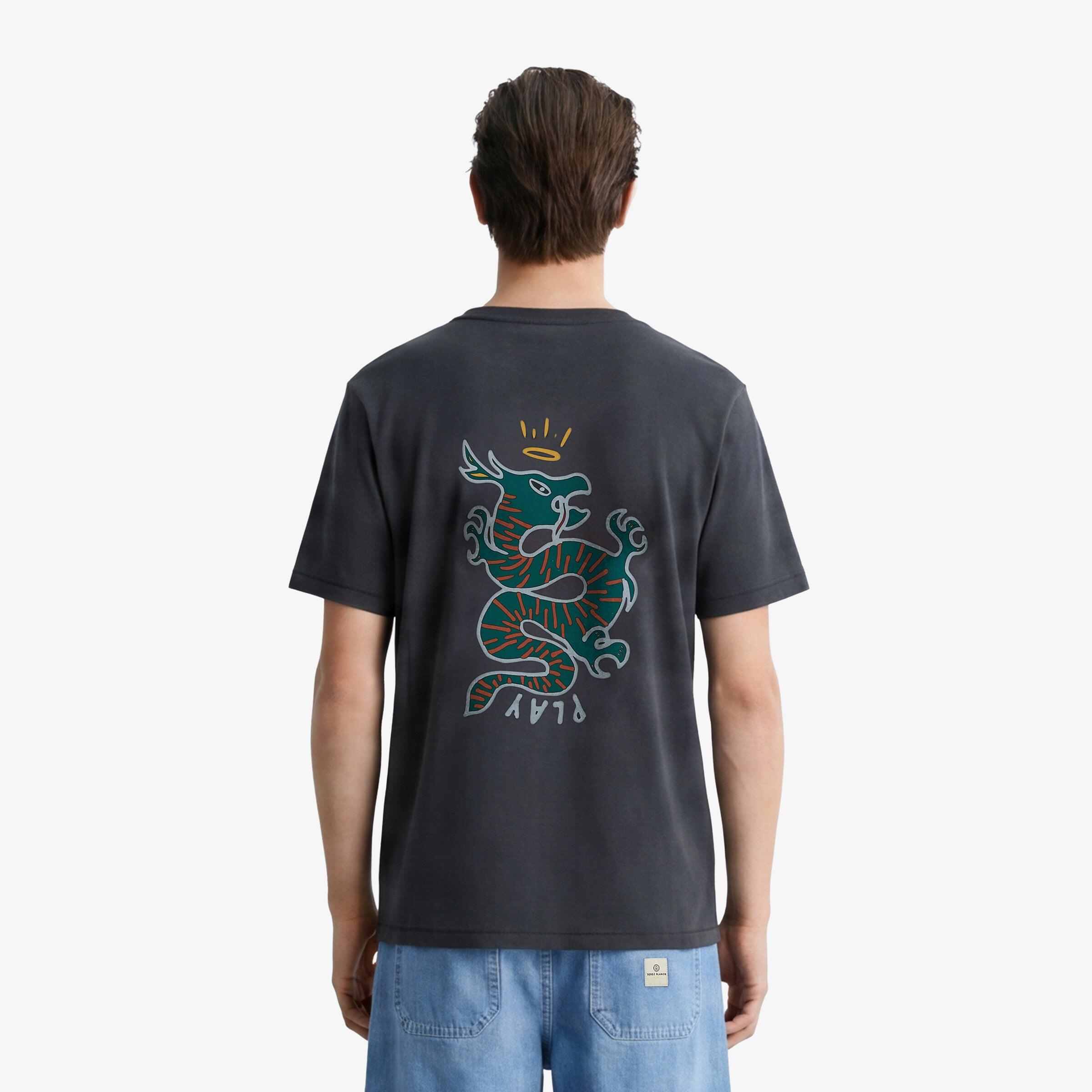 T-shirt girocollo grigio antracite in cotone con stampa drago sul retro 2/6