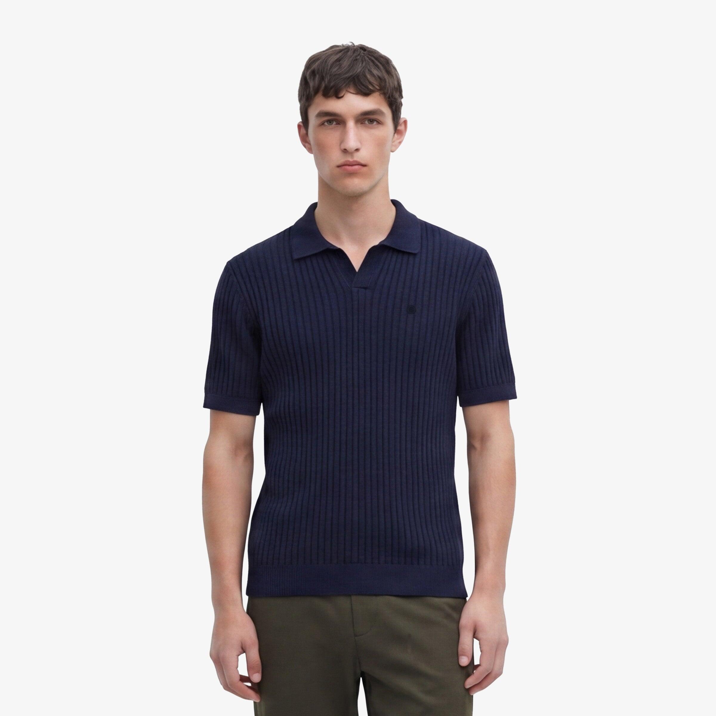 Maglione Milano con collo polo in cotone e lino blu navy 2/6