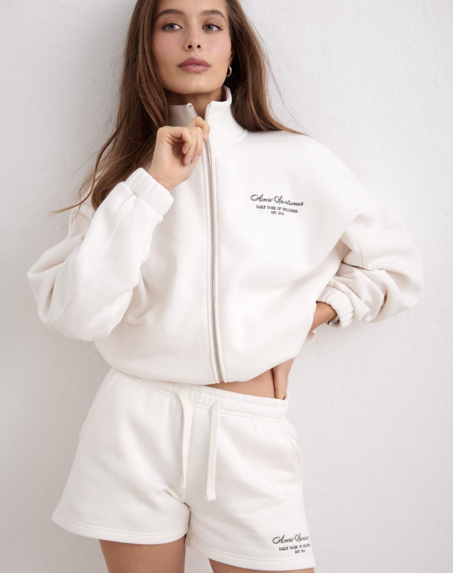 Femme Short de Survêtement Coupe Ample Mélange de Coton Script Blanc Cassé 2/6
