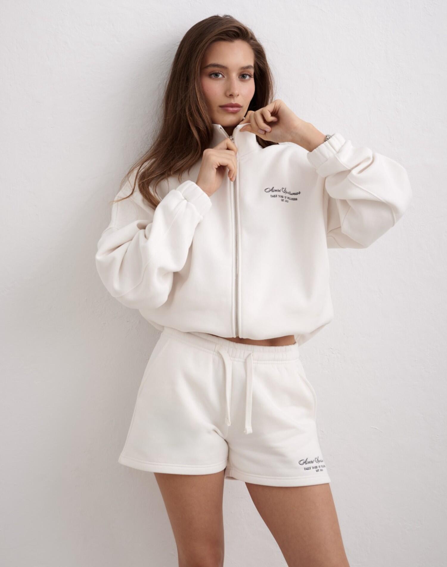 Femme Short de Survêtement Coupe Ample Mélange de Coton Script Blanc Cassé 5/6