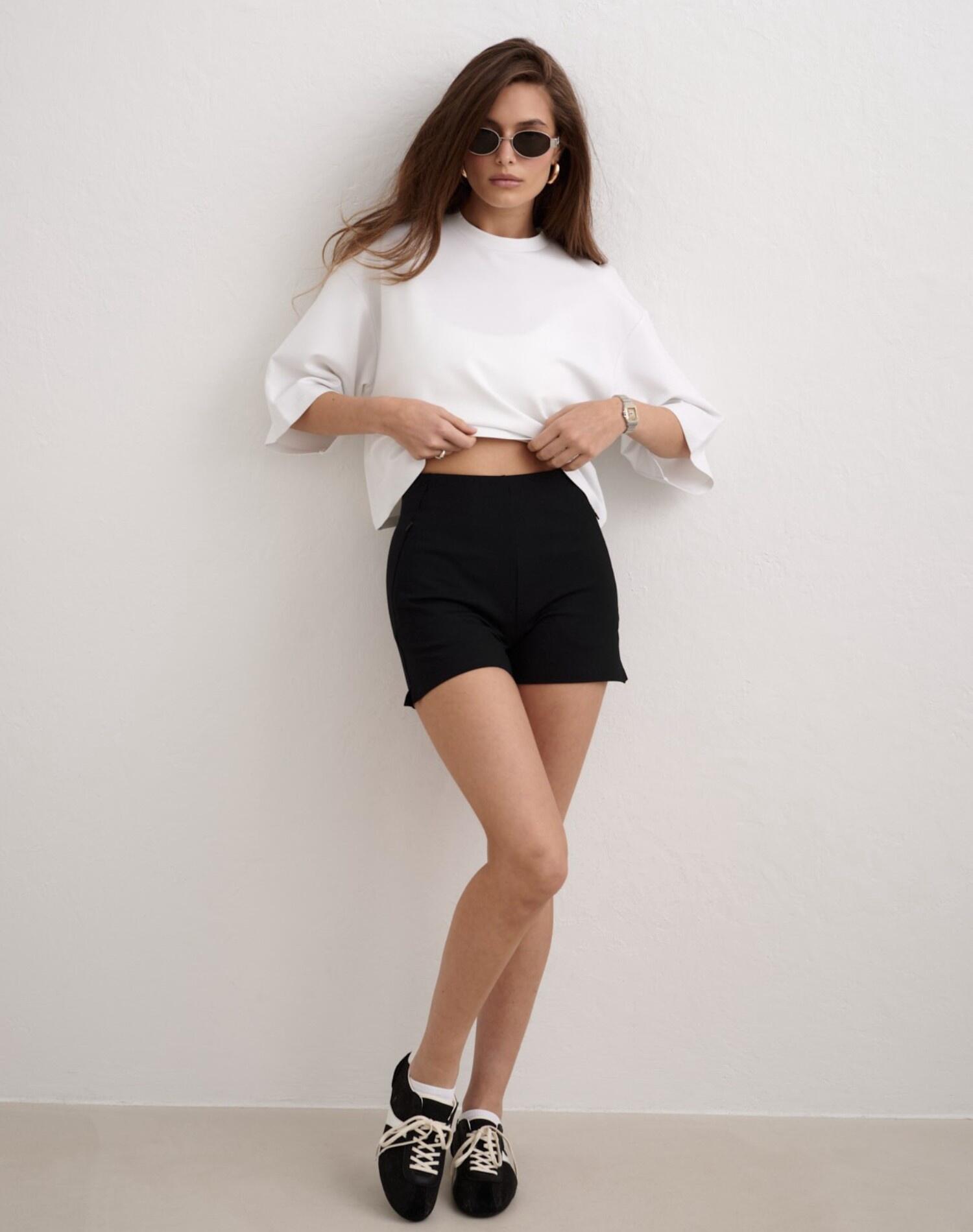 Shorts Mujer Mini Mezcla de Modal Tiro Alto Bolsillos con Cremallera Luxe Negro 2/6