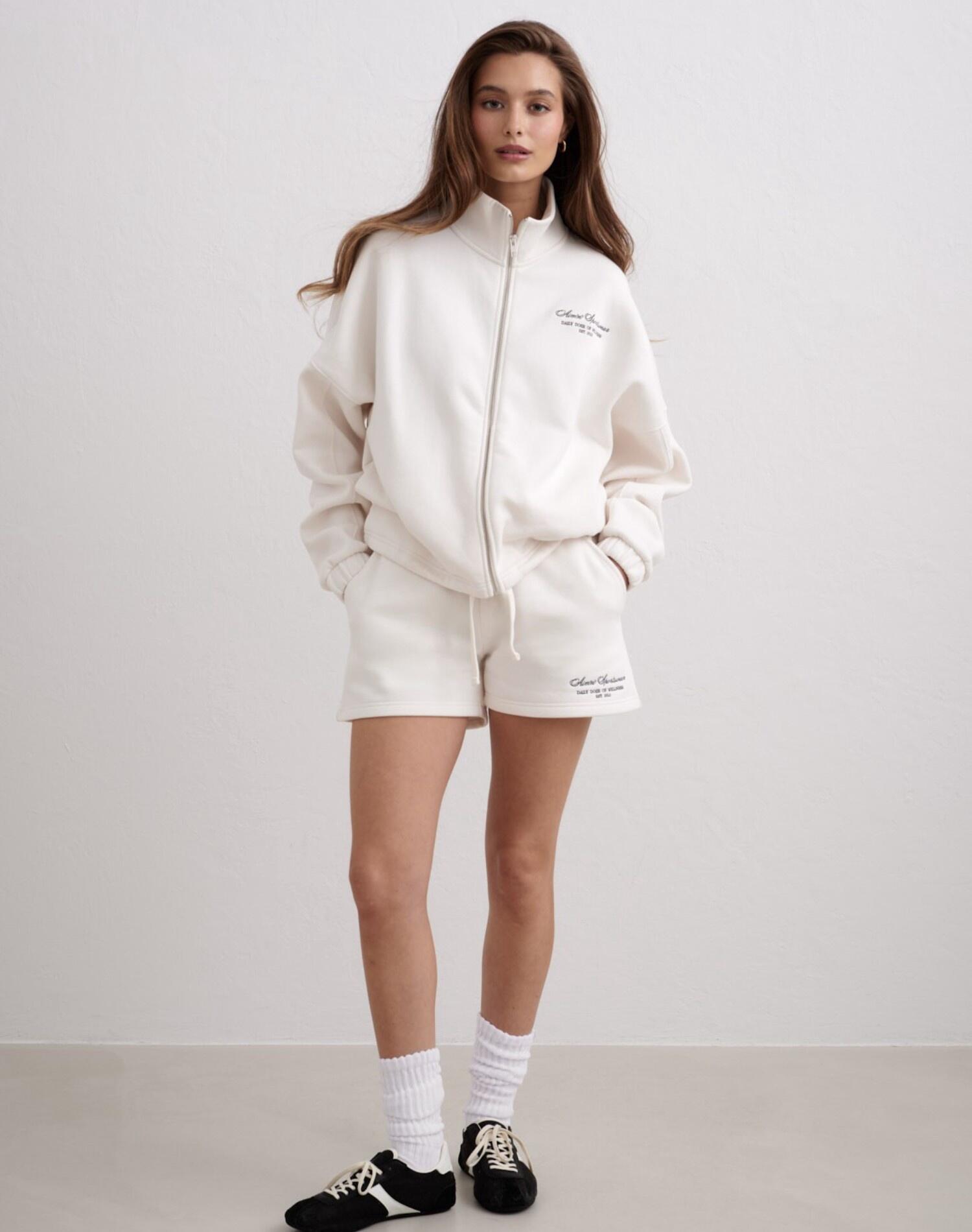 Femme Sweat-shirt Zippé Col Montant Ourlet à Cordon Blanc Cassé 2/6