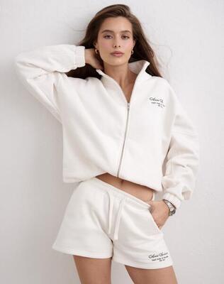Donna Felpa con Zip Collo Alto Coulisse Sull'orlo Bianco Sporco