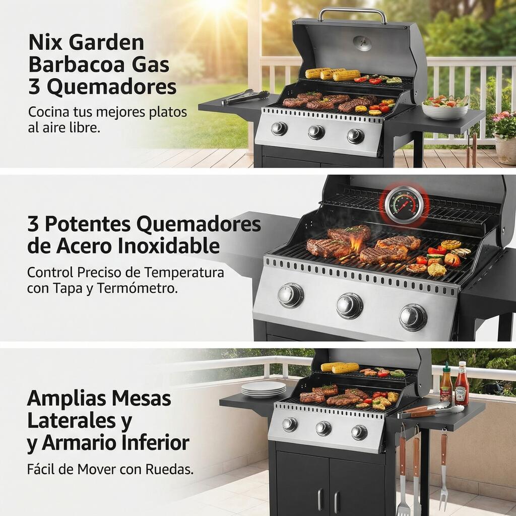 Barbecue à gaz 3 feux pour jardin et terrasse 4/7