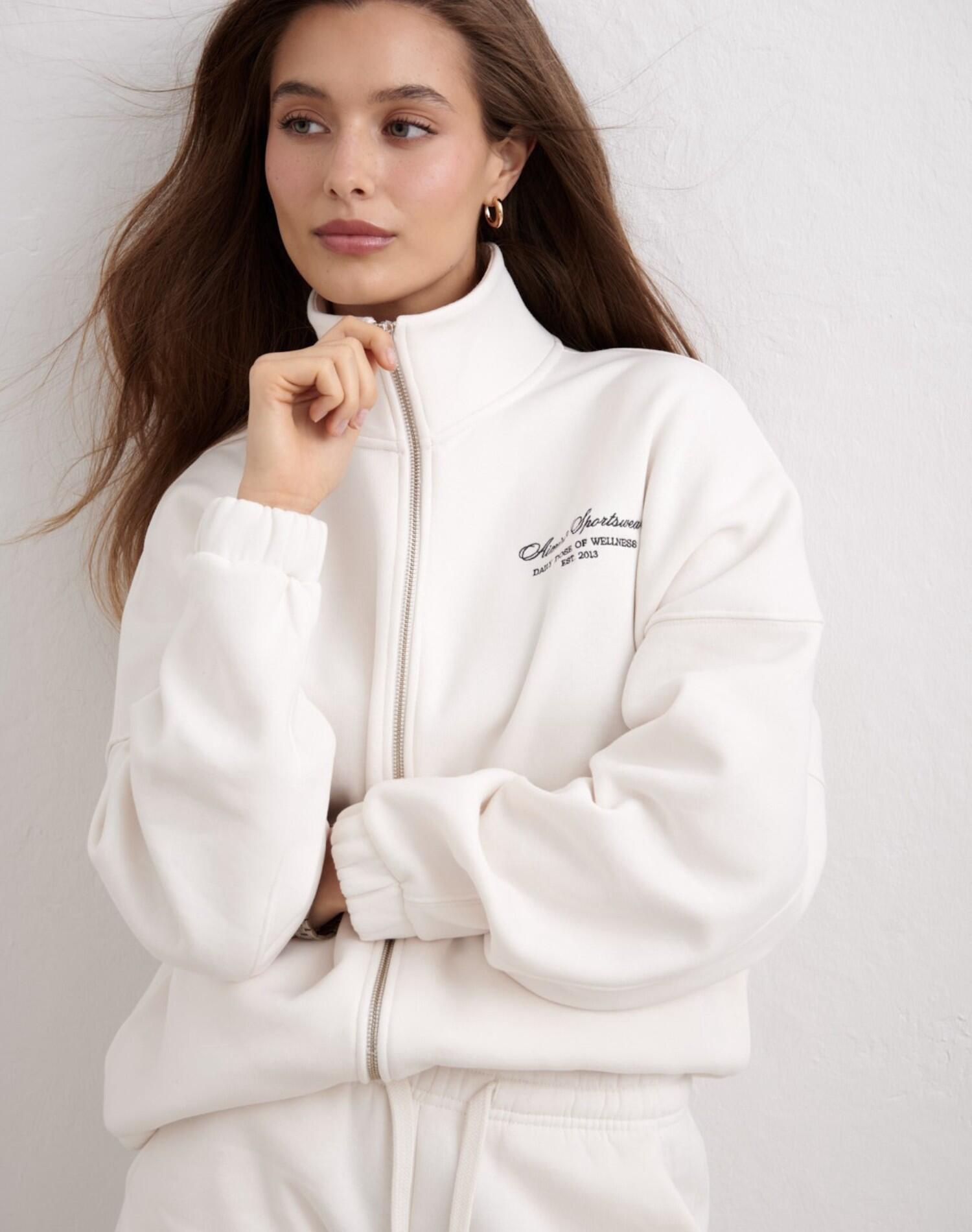 Femme Sweat-shirt Zippé Col Montant Ourlet à Cordon Blanc Cassé 3/6