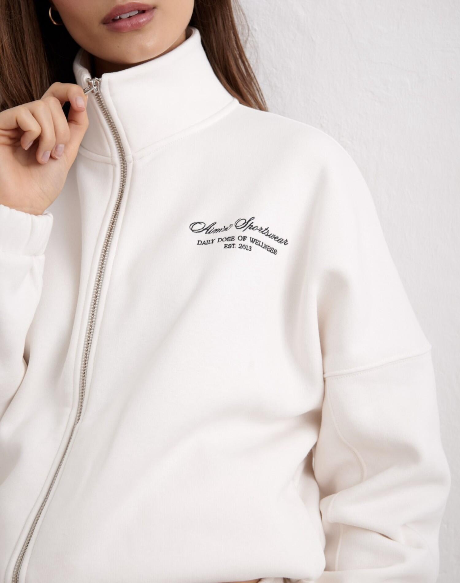 Femme Sweat-shirt Zippé Col Montant Ourlet à Cordon Blanc Cassé 5/6