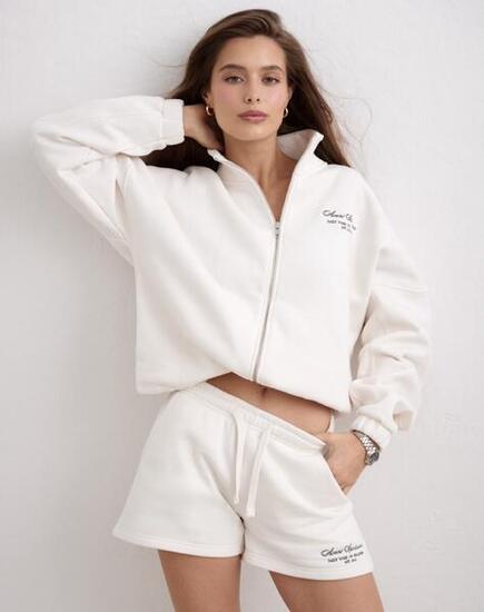 Donna Felpa con Zip Collo Alto Coulisse Sull'orlo Bianco Sporco