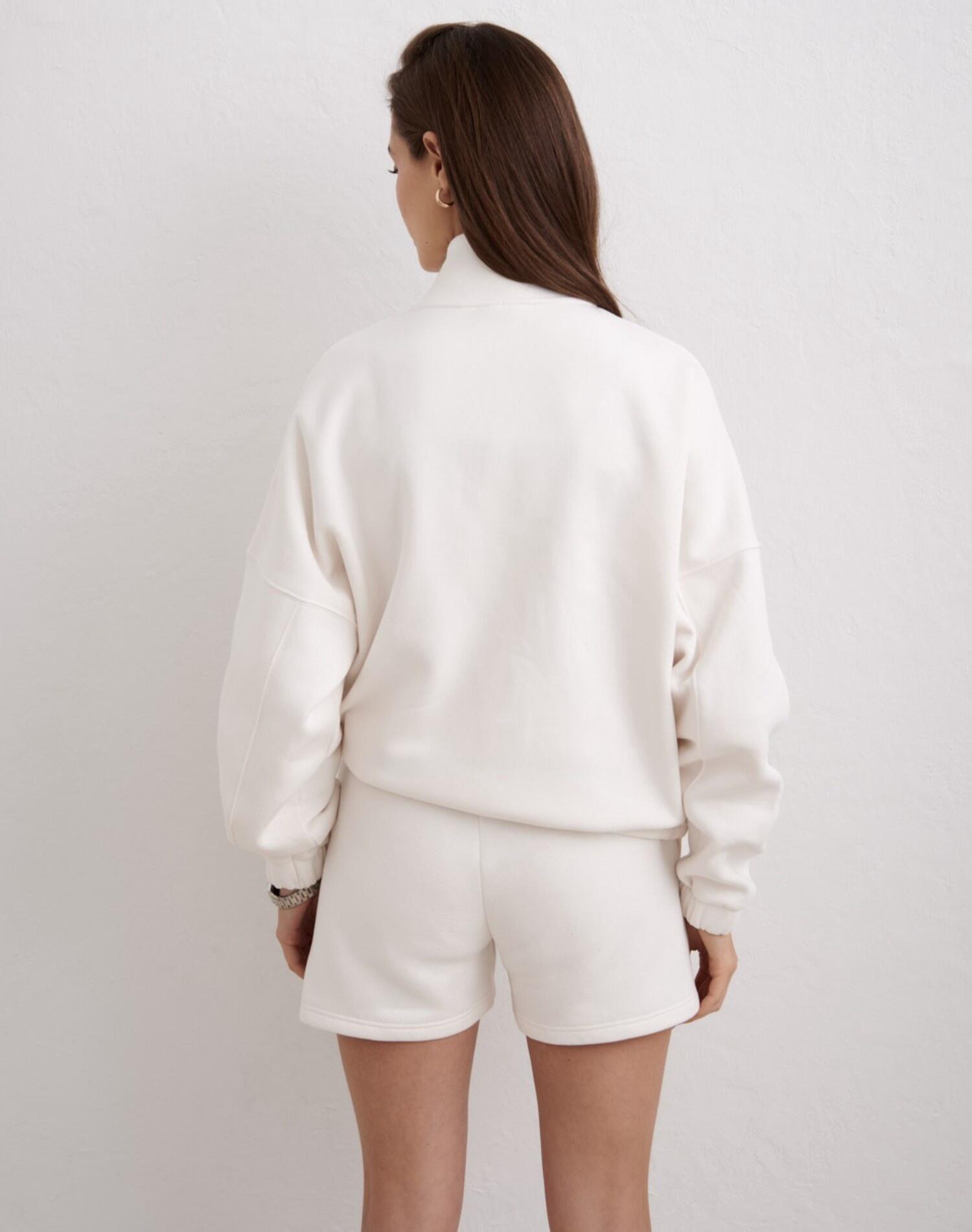 Femme Sweat-shirt Zippé Col Montant Ourlet à Cordon Blanc Cassé 4/6
