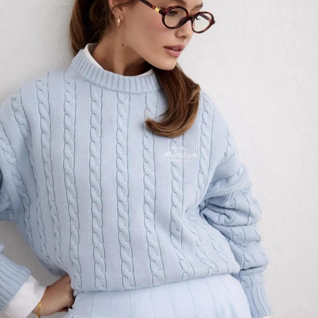 Women's Sweater Cable Knit Relaxed Fit Crew Neck Club Aura Blue