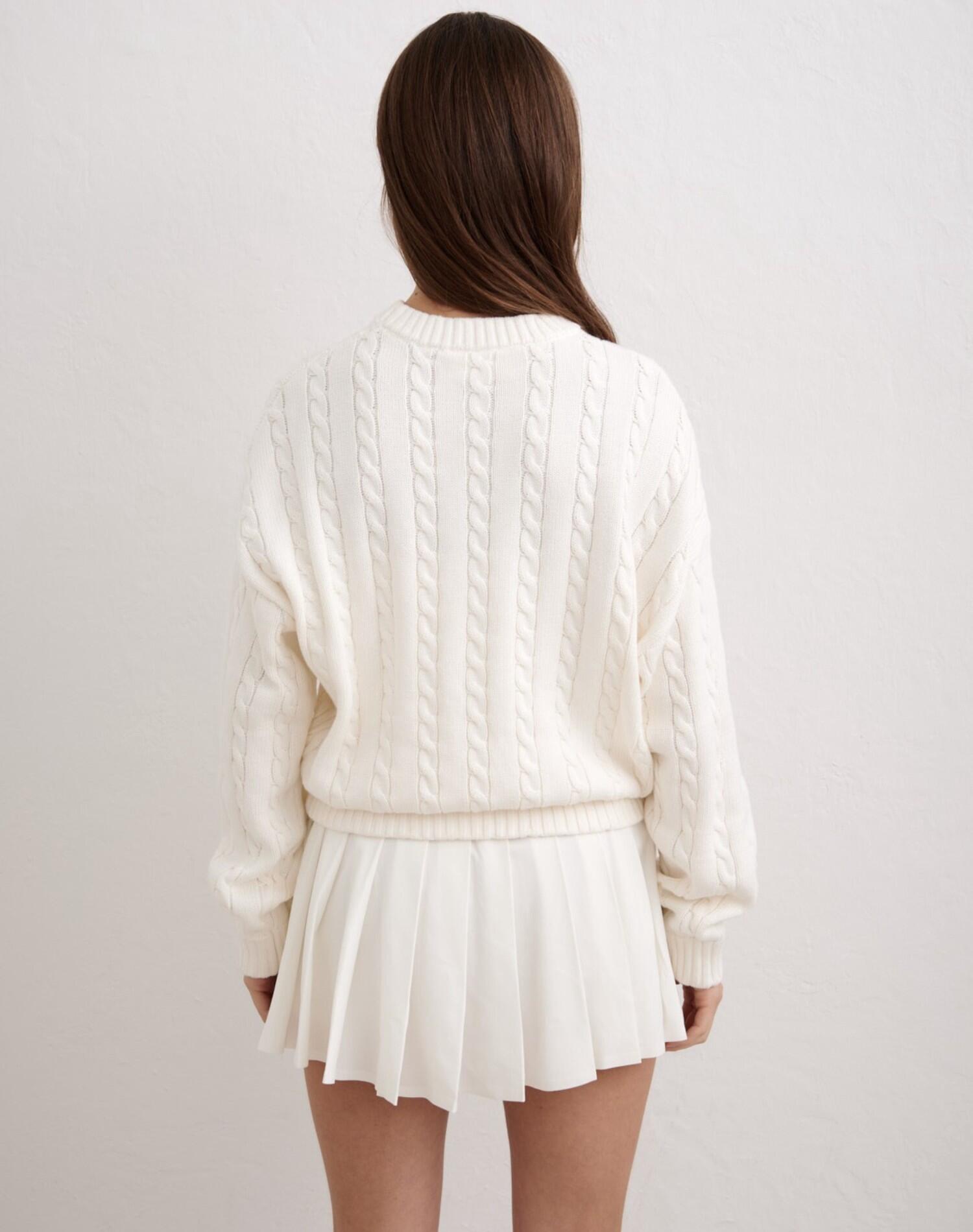 Femme Pull Maille Torsadée Coupe Décontractée Col Rond Club Blanc Cassé 3/7