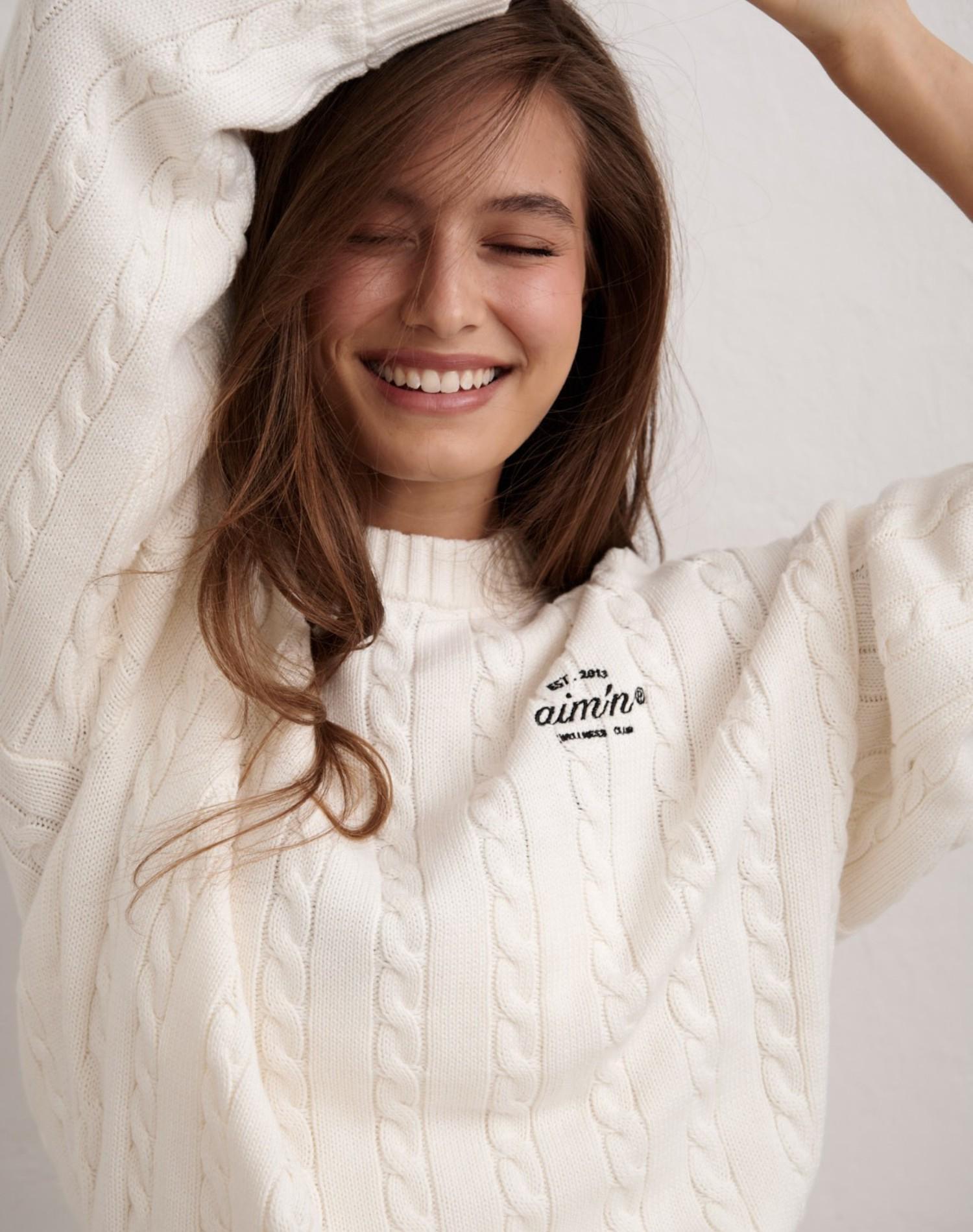 Femme Pull Maille Torsadée Coupe Décontractée Col Rond Club Blanc Cassé 2/7