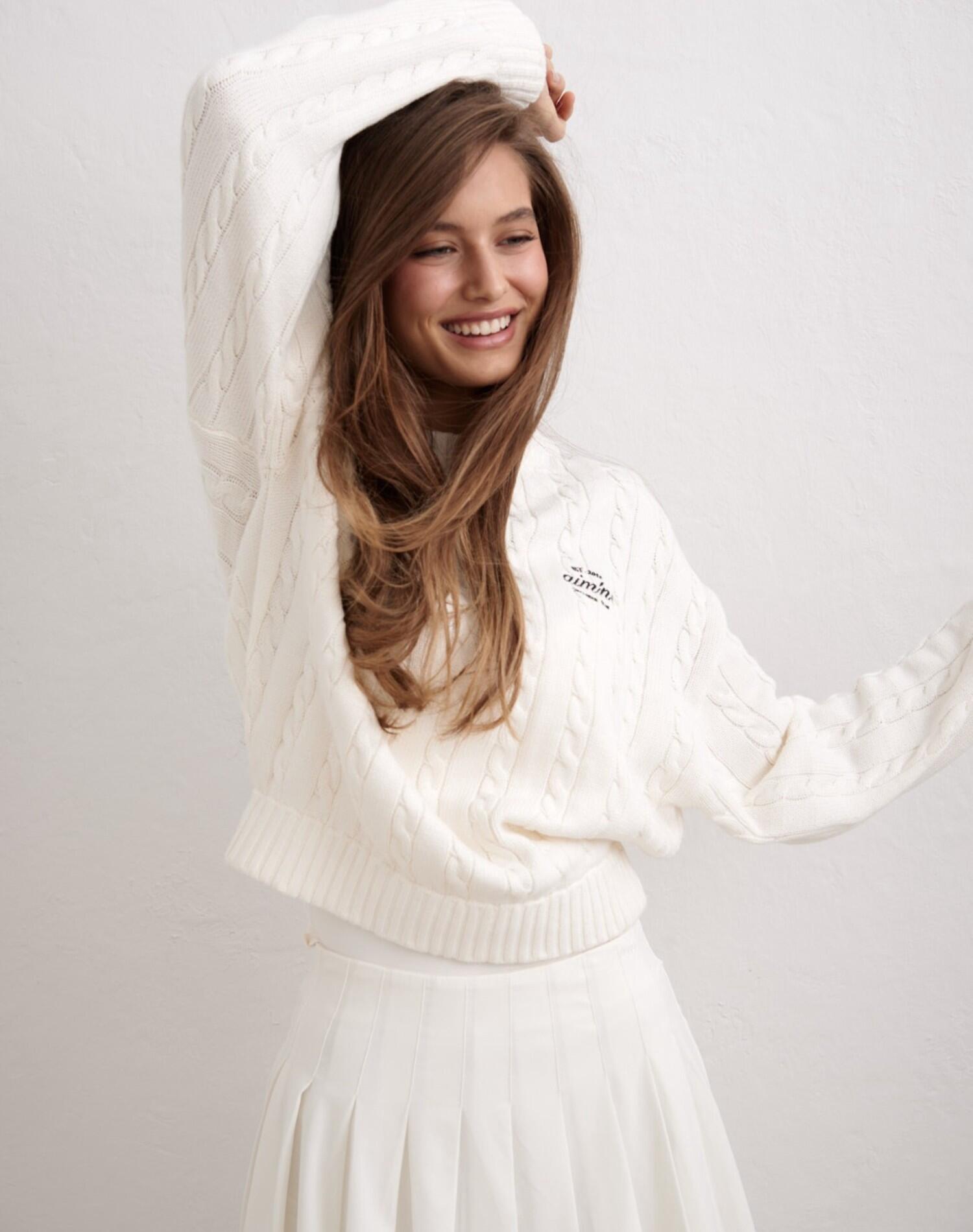 Femme Pull Maille Torsadée Coupe Décontractée Col Rond Club Blanc Cassé 5/7