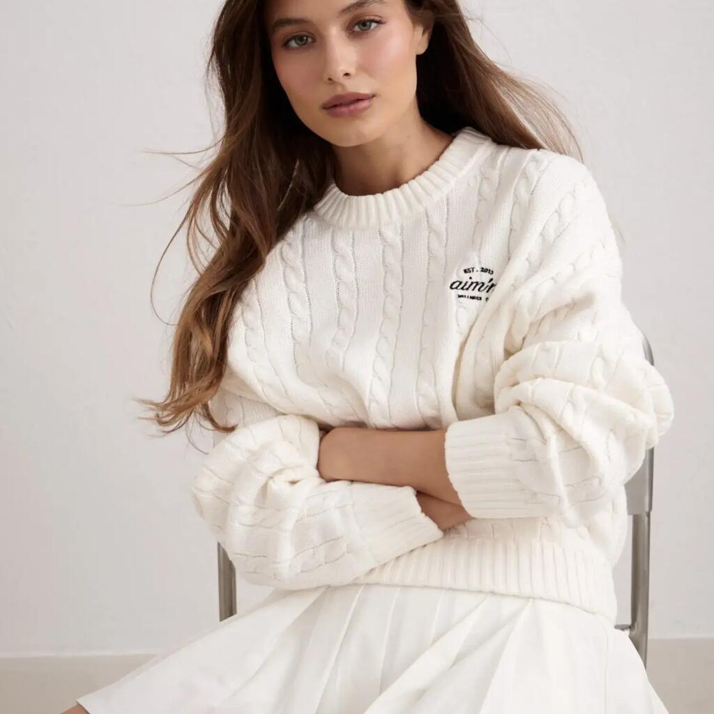 Women's Sweater Cable Knit Relaxed Fit Crew Neck Club Off White
