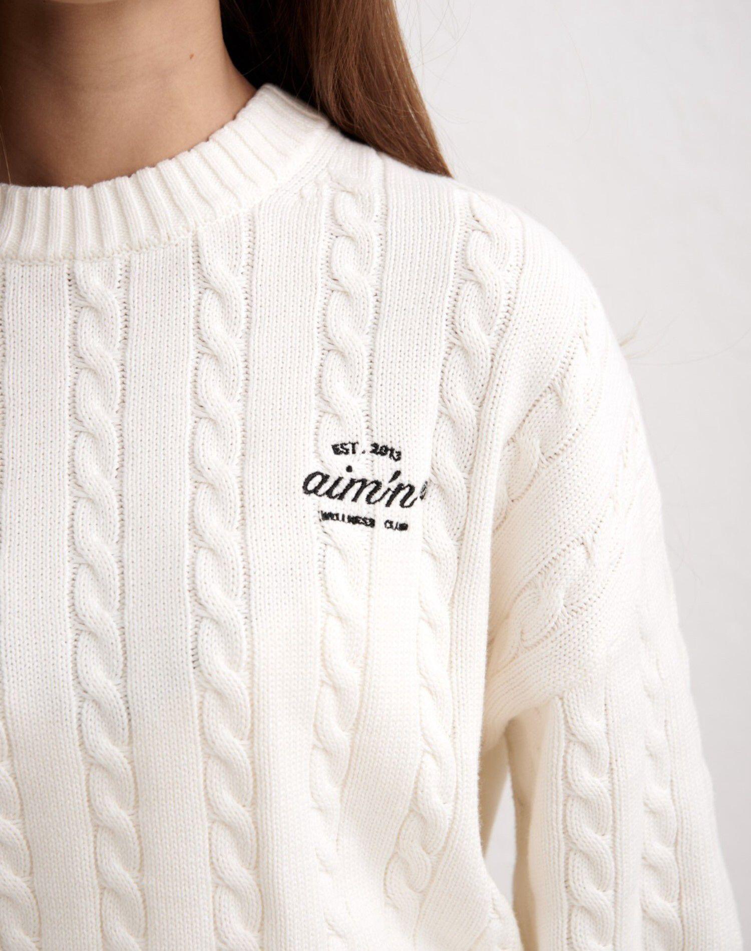 Femme Pull Maille Torsadée Coupe Décontractée Col Rond Club Blanc Cassé 6/7