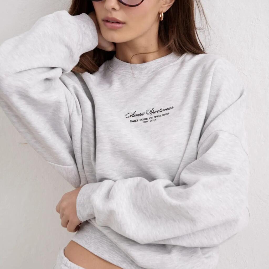 Women's Sweatshirt Crew Neck Soft Sweat Jersey Relaxed Script Light Grey Melange