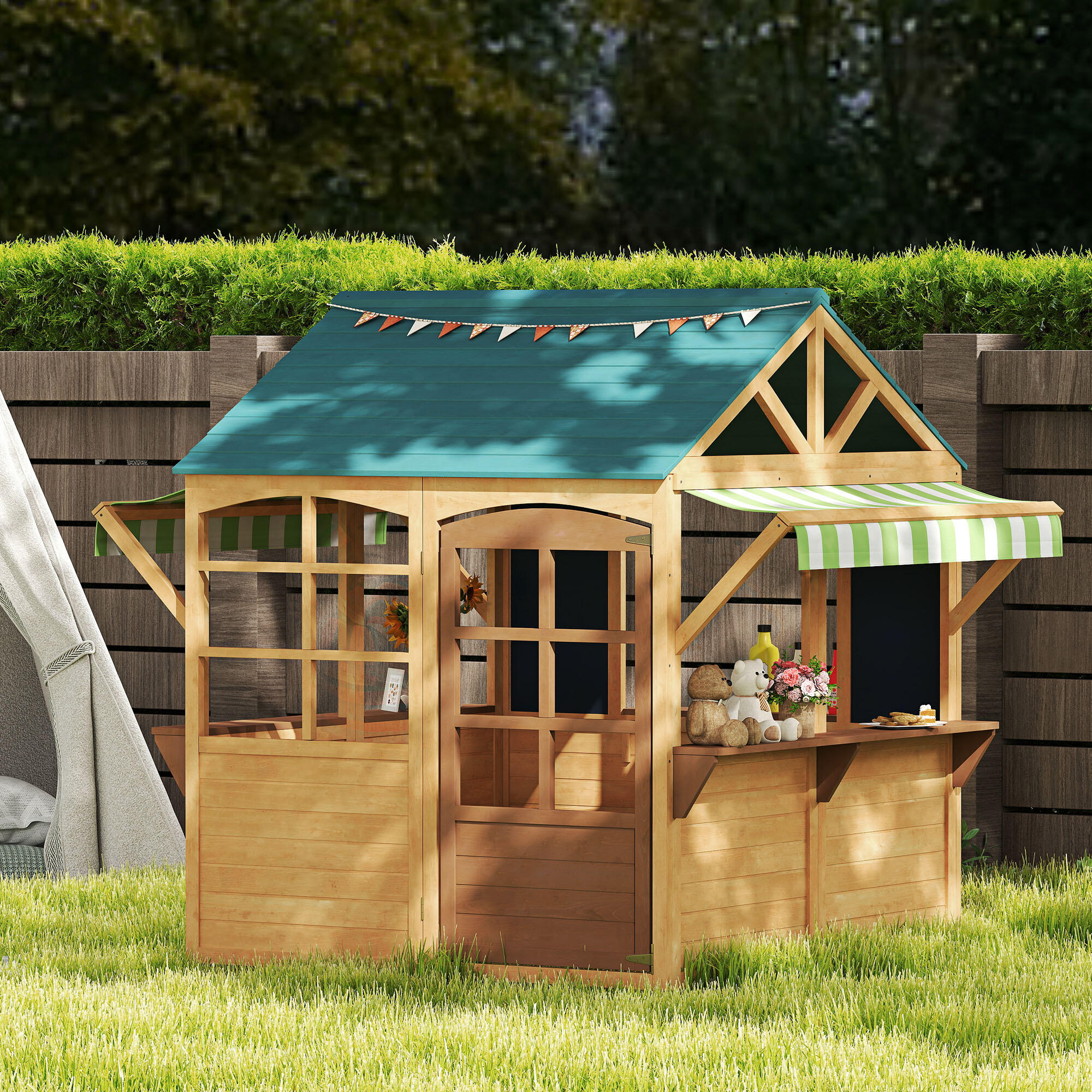 Casita Infantil Exterior AIYAPLAY 173x117x144 cm Madera Natural 2/6