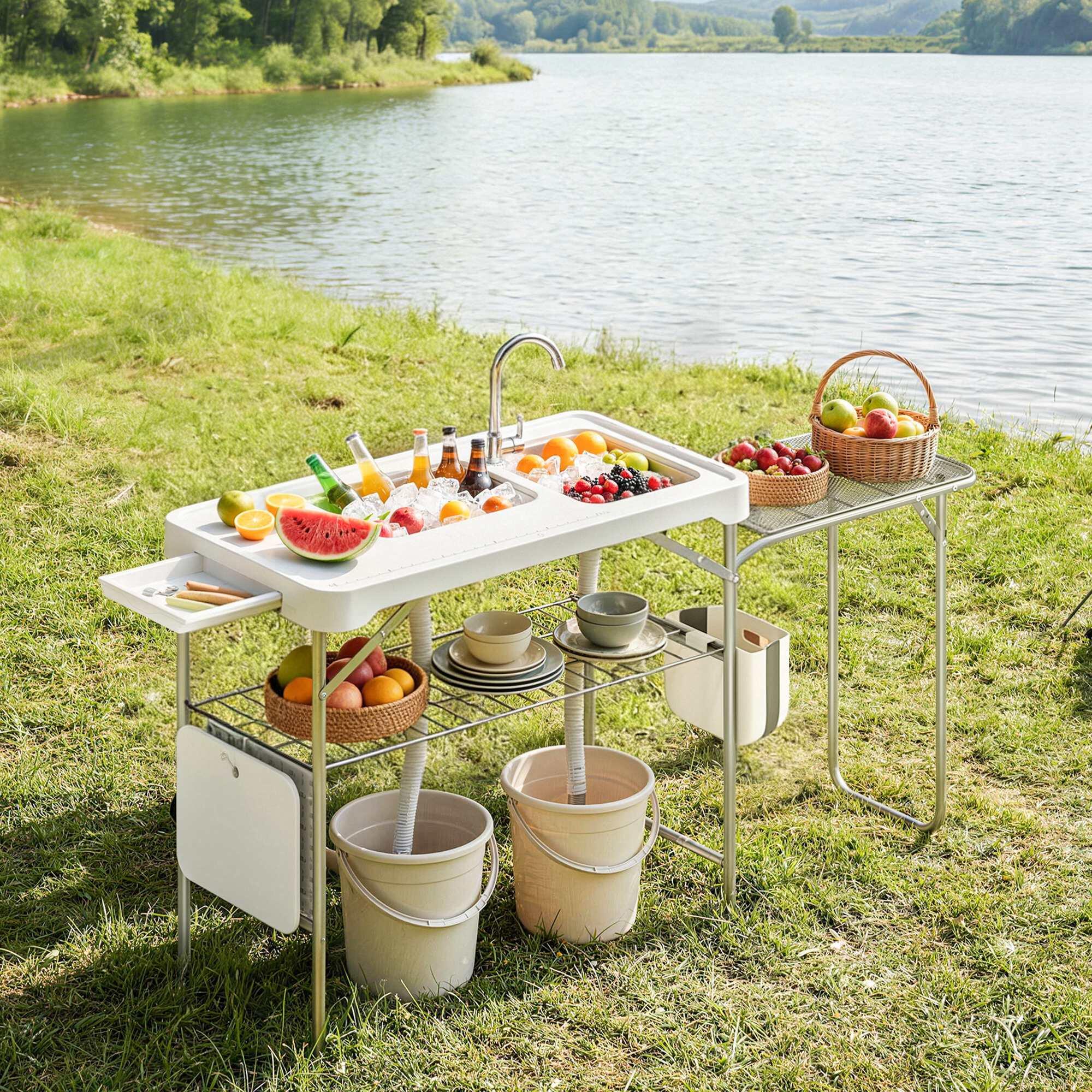Mesa Limpieza Pescado Outsunny 177.5x58x110 cm Blanco 2/5