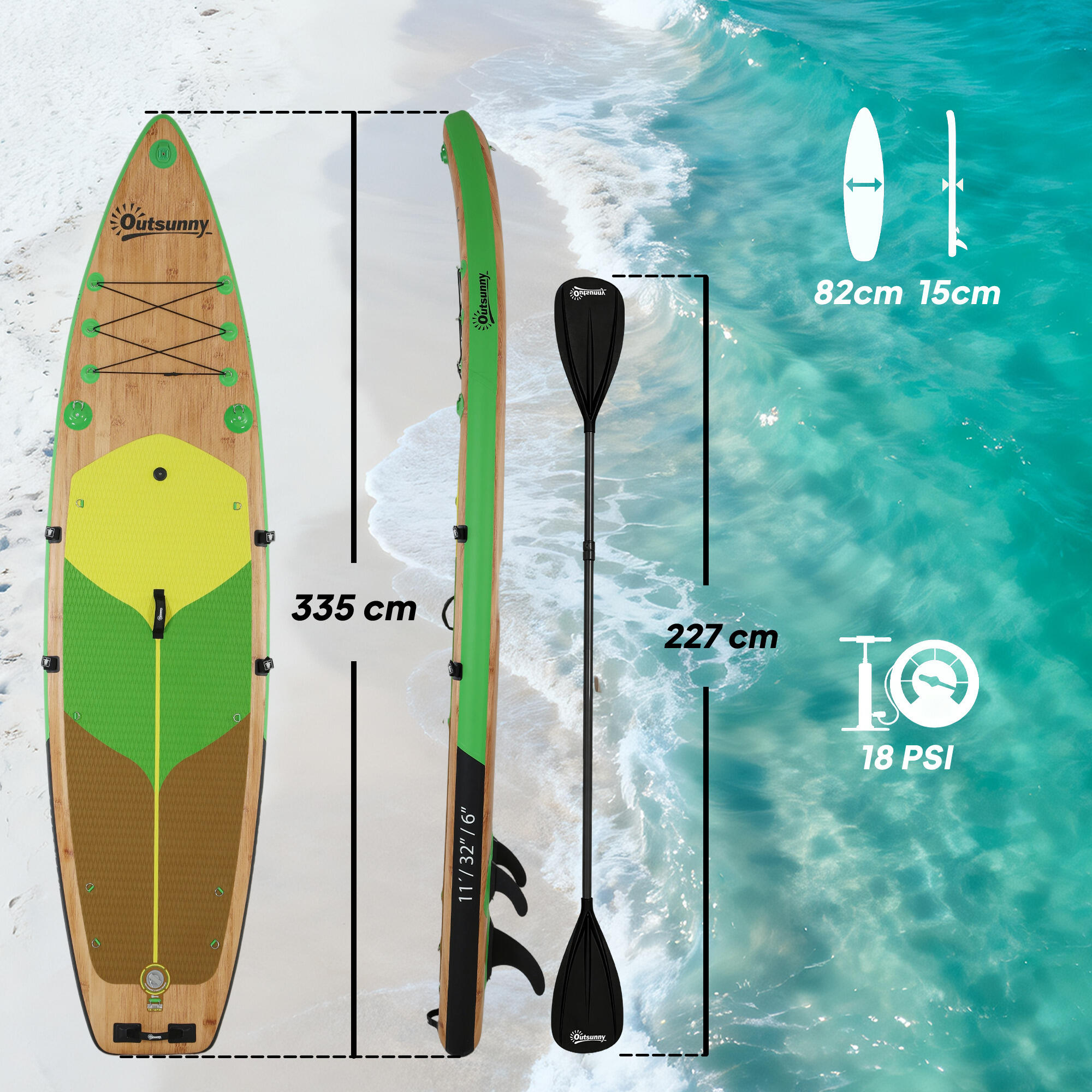 Paddle Surf Insuflável Outsunny Castanho e Verde 3/5