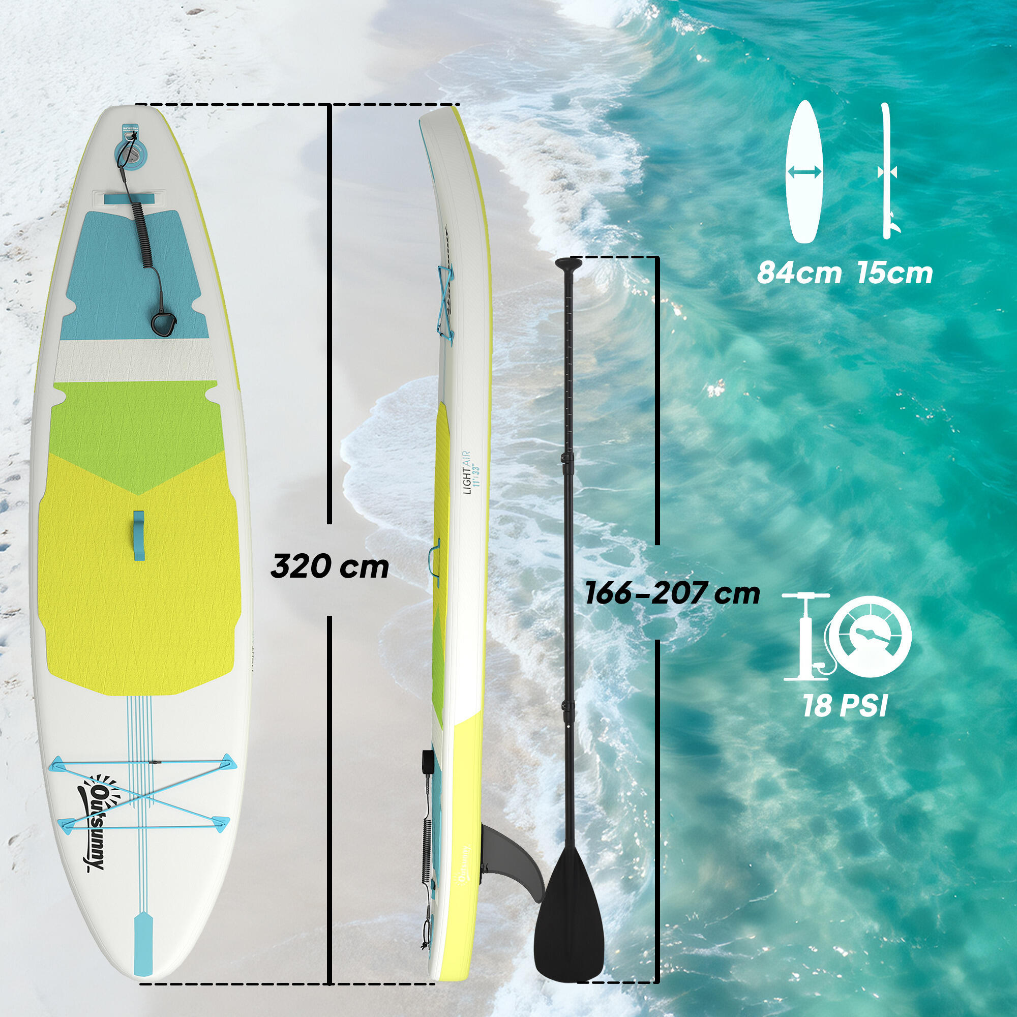 Paddle Surf Insuflável Outsunny Verde e Amarelo 3/5