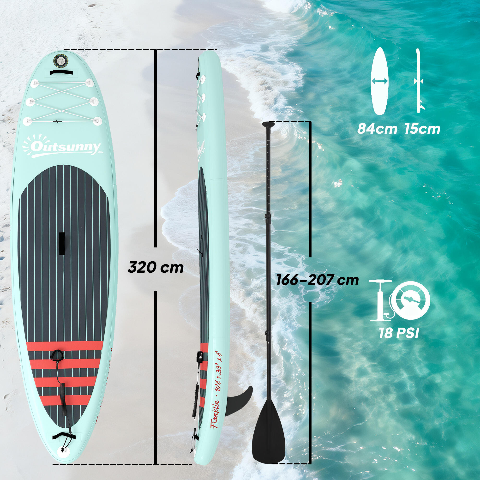 Paddle Surf Insuflável Outsunny Azul e Laranja 3/5