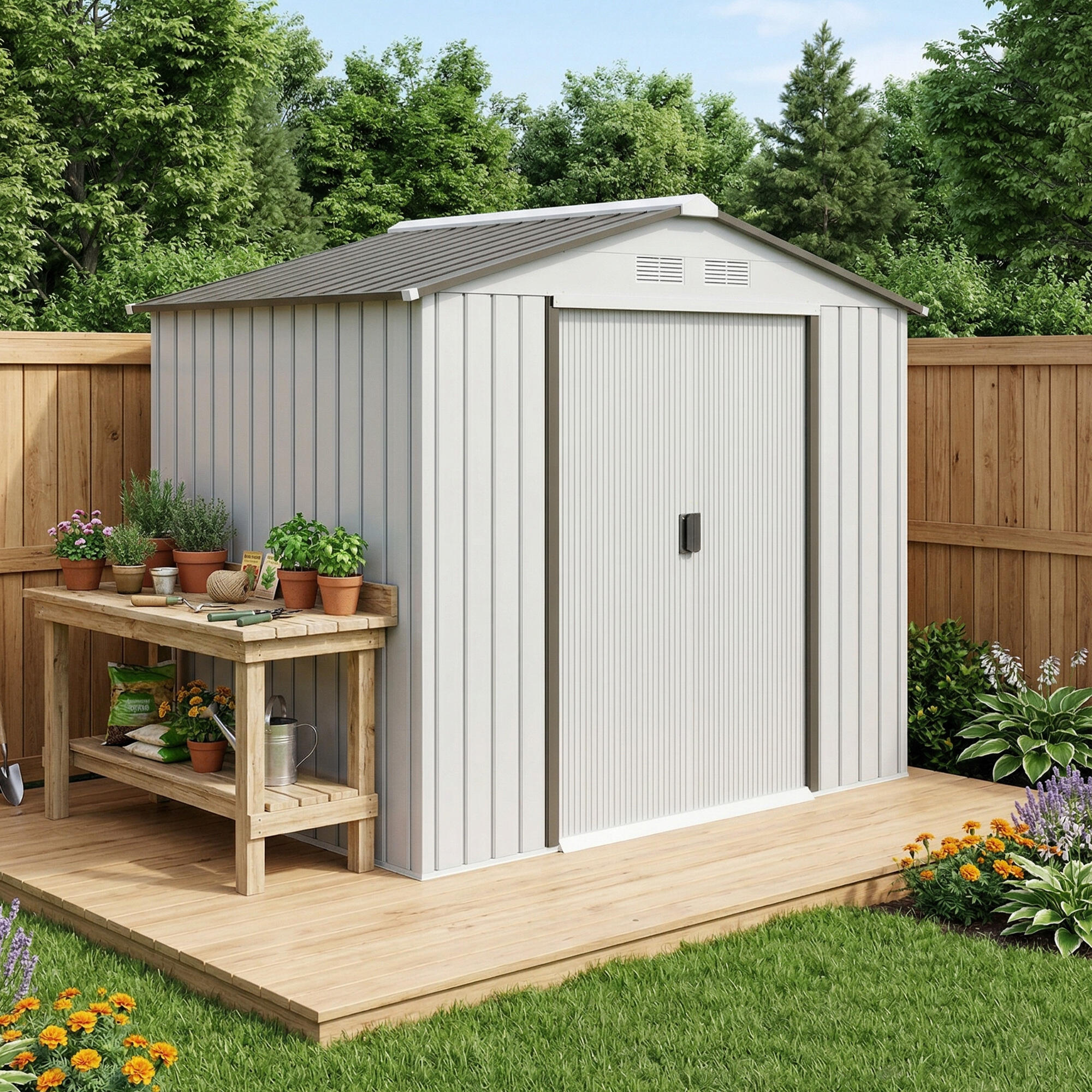 Abrigo de jardim 213x130x185cm branco, cinzento e prata Outsunny 2/7