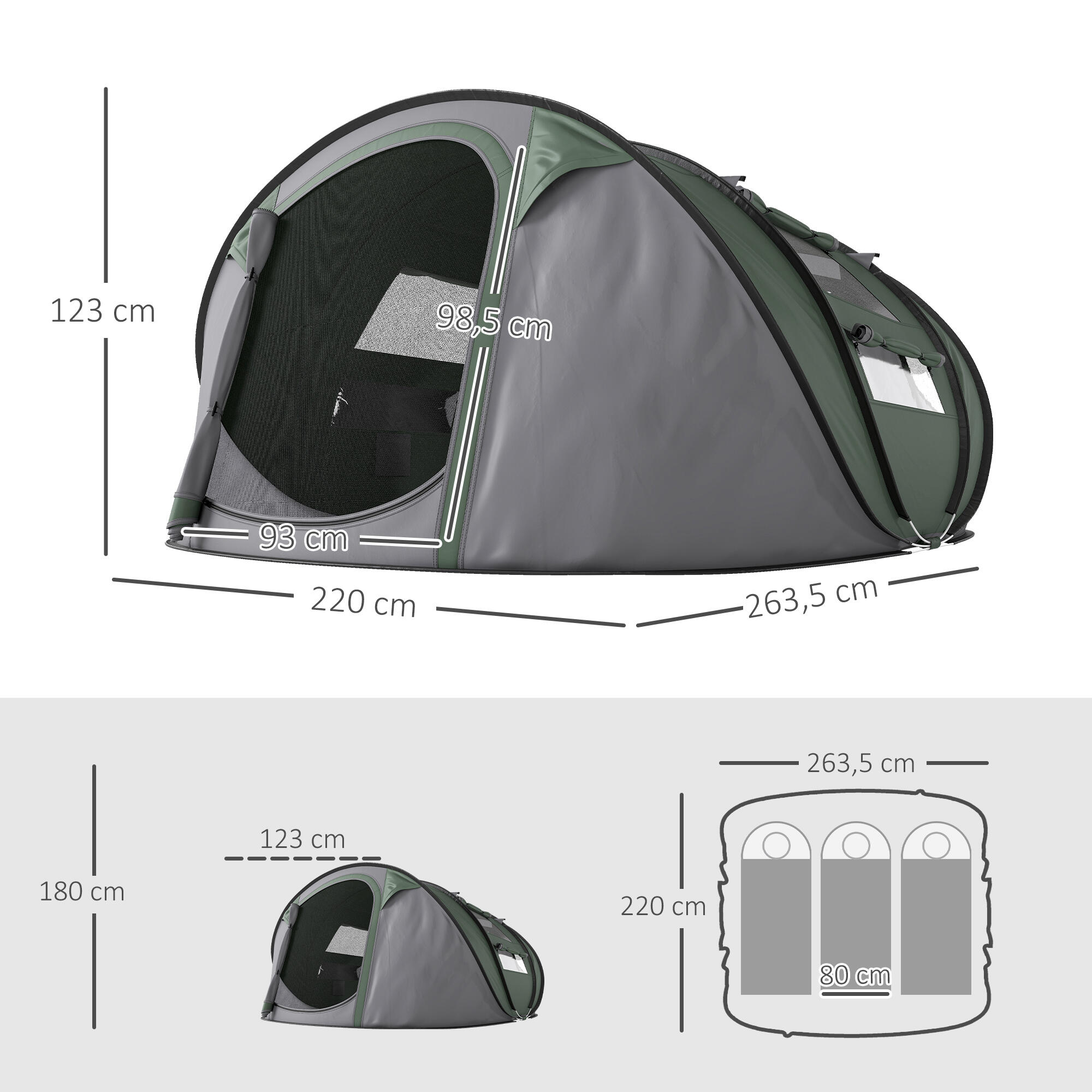 Tenda de campismo 263,5x220x123 cm verde e cinzento Outsunny 3/7