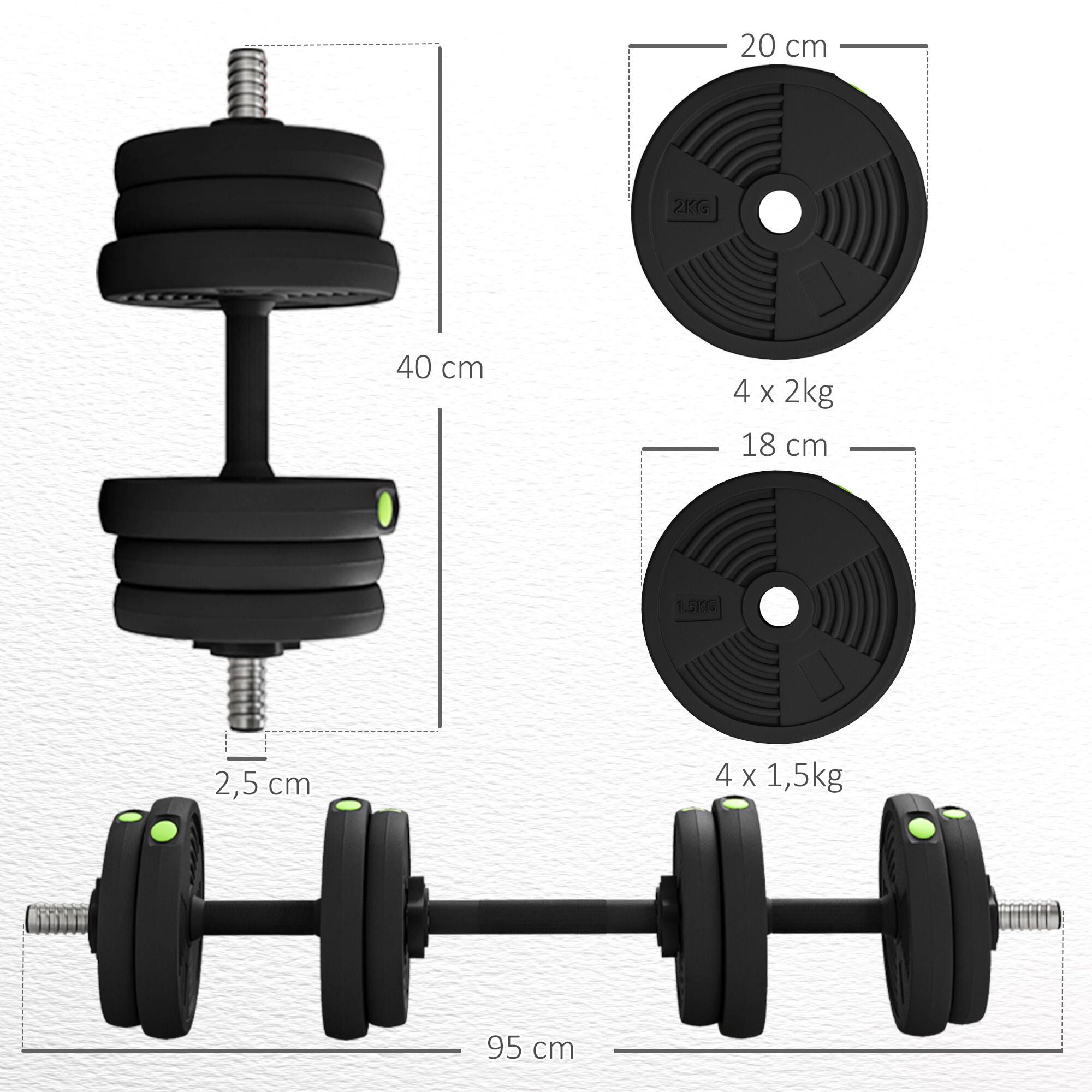 Juego de Mancuernas SPORTNOW 95x20x20 cm Negro y Verde 3/5