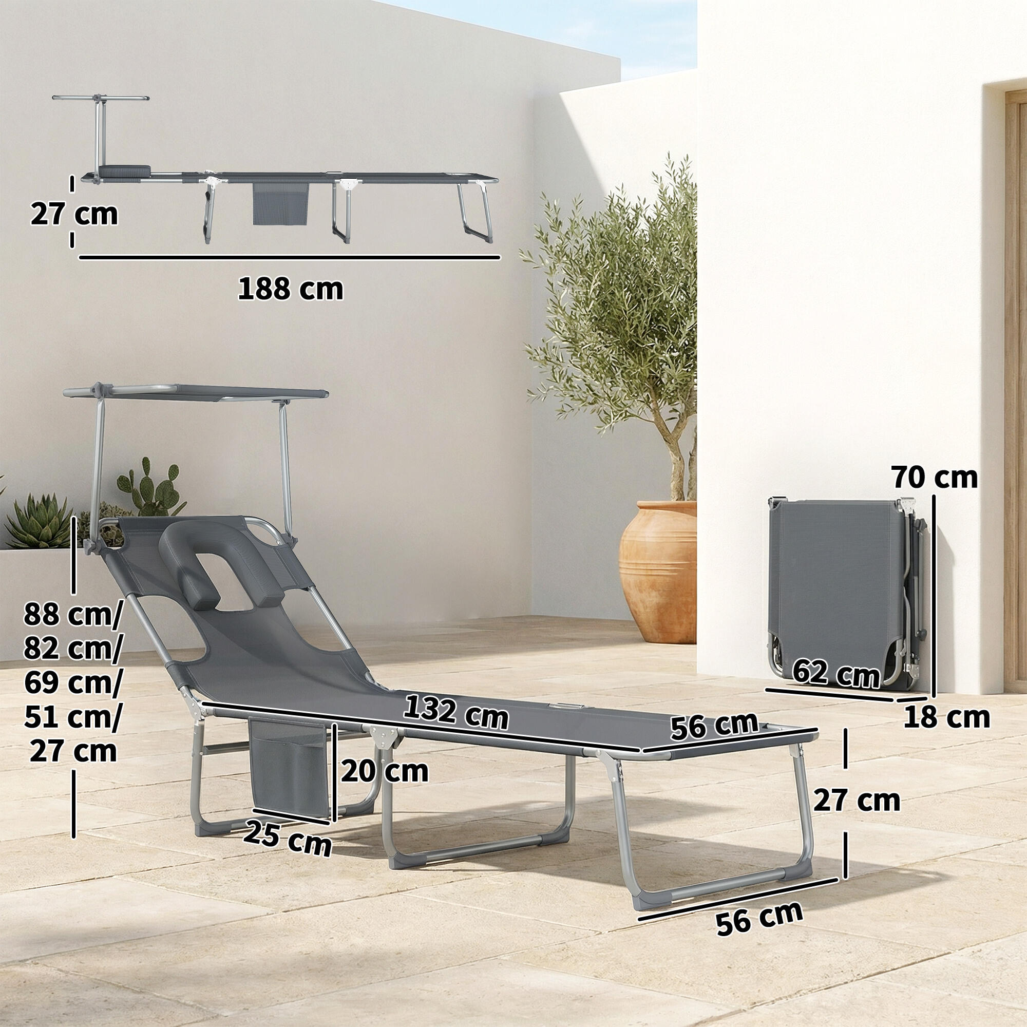 Espreguiçadeiras dobráveis 188x56x27 cm cinzento escuro Outsunny 3/5