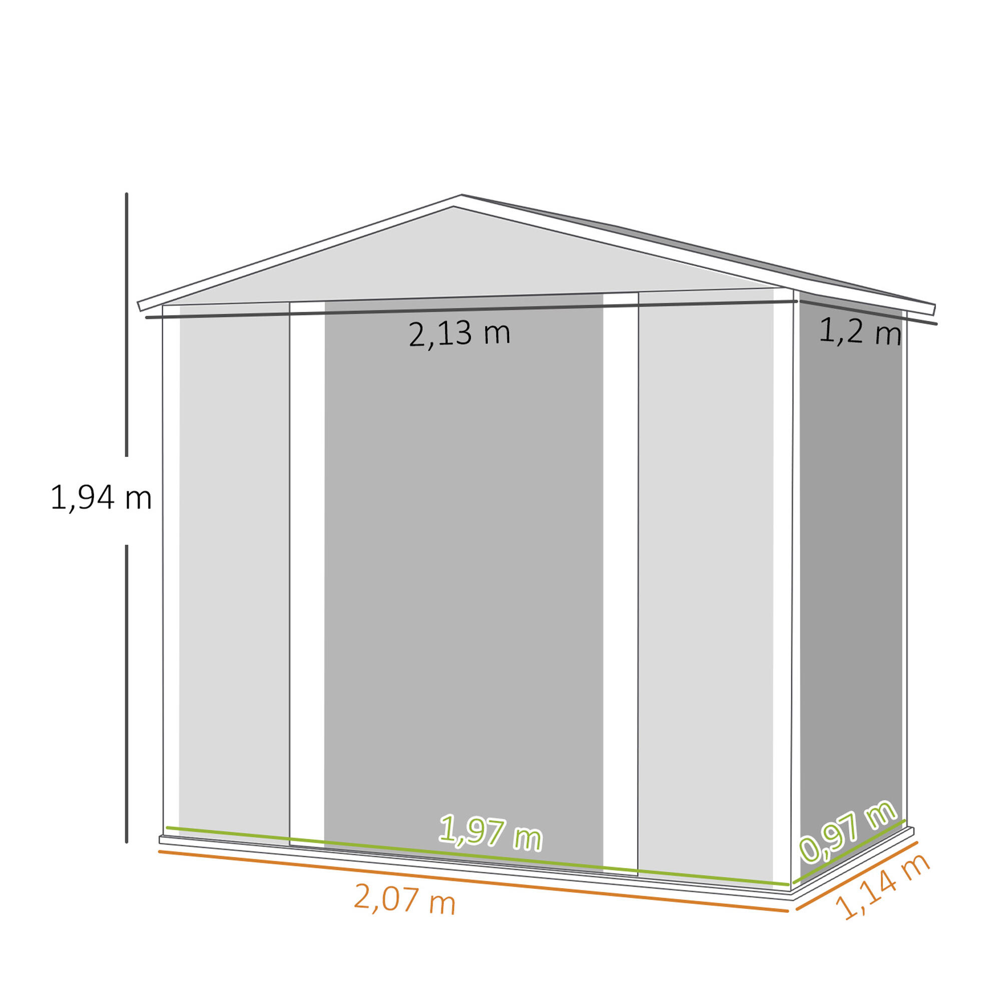 Abrigo de jardim 213x120x166/194 cm cinzento Outsunny 3/7